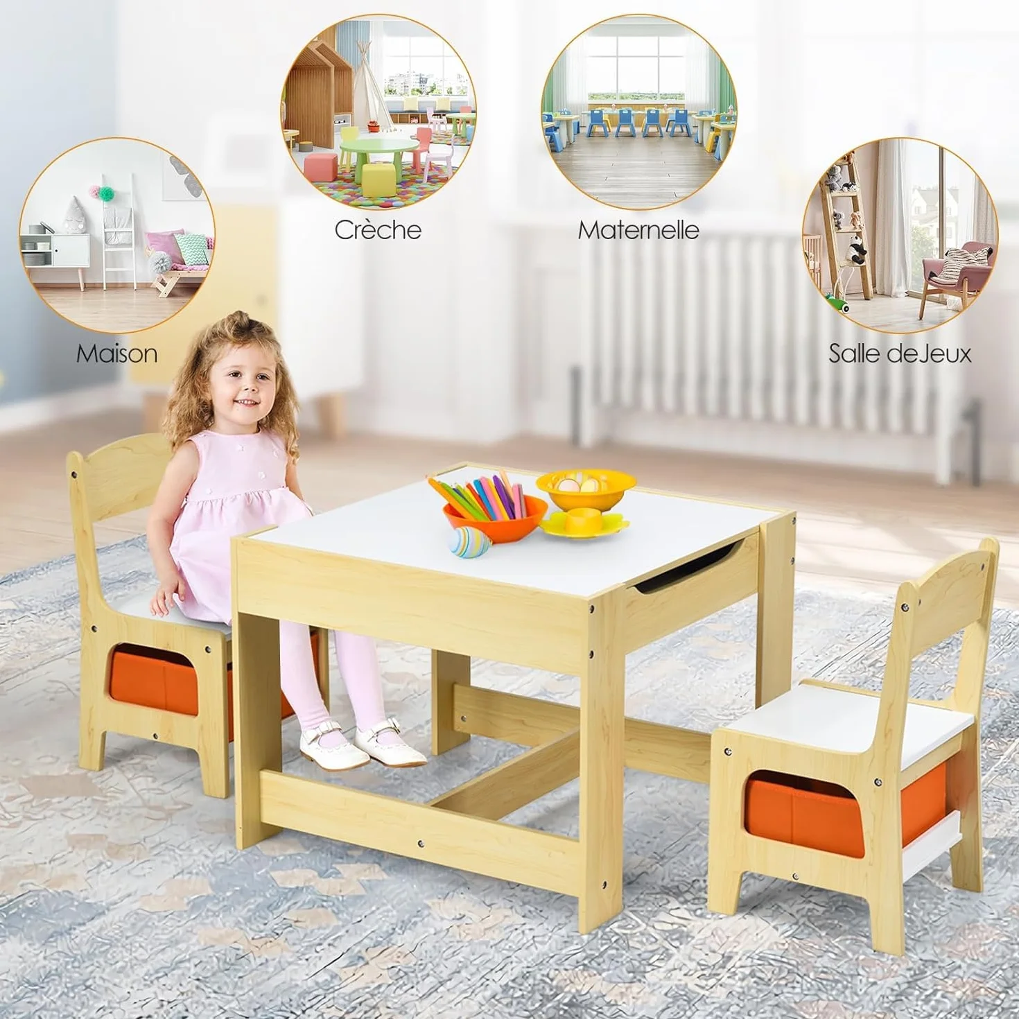 GOPLUS Table Enfant avec 2 Chaises 3-en-1 Petite Table de Dessin Réversible Double Face Tableau Noir Bureau Enfant Polyvalente