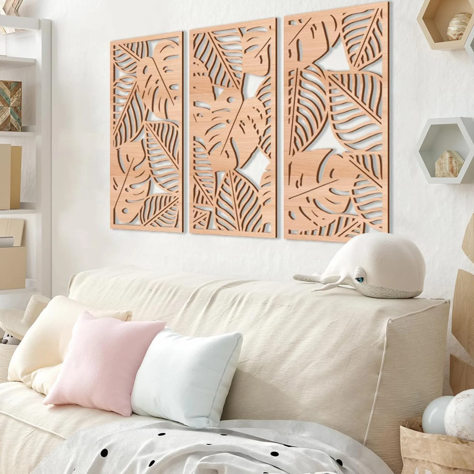 3 Pièces Sculpture Murale en Bois Naturel Monstera - Décor Mural Tropical Style Boho Chic