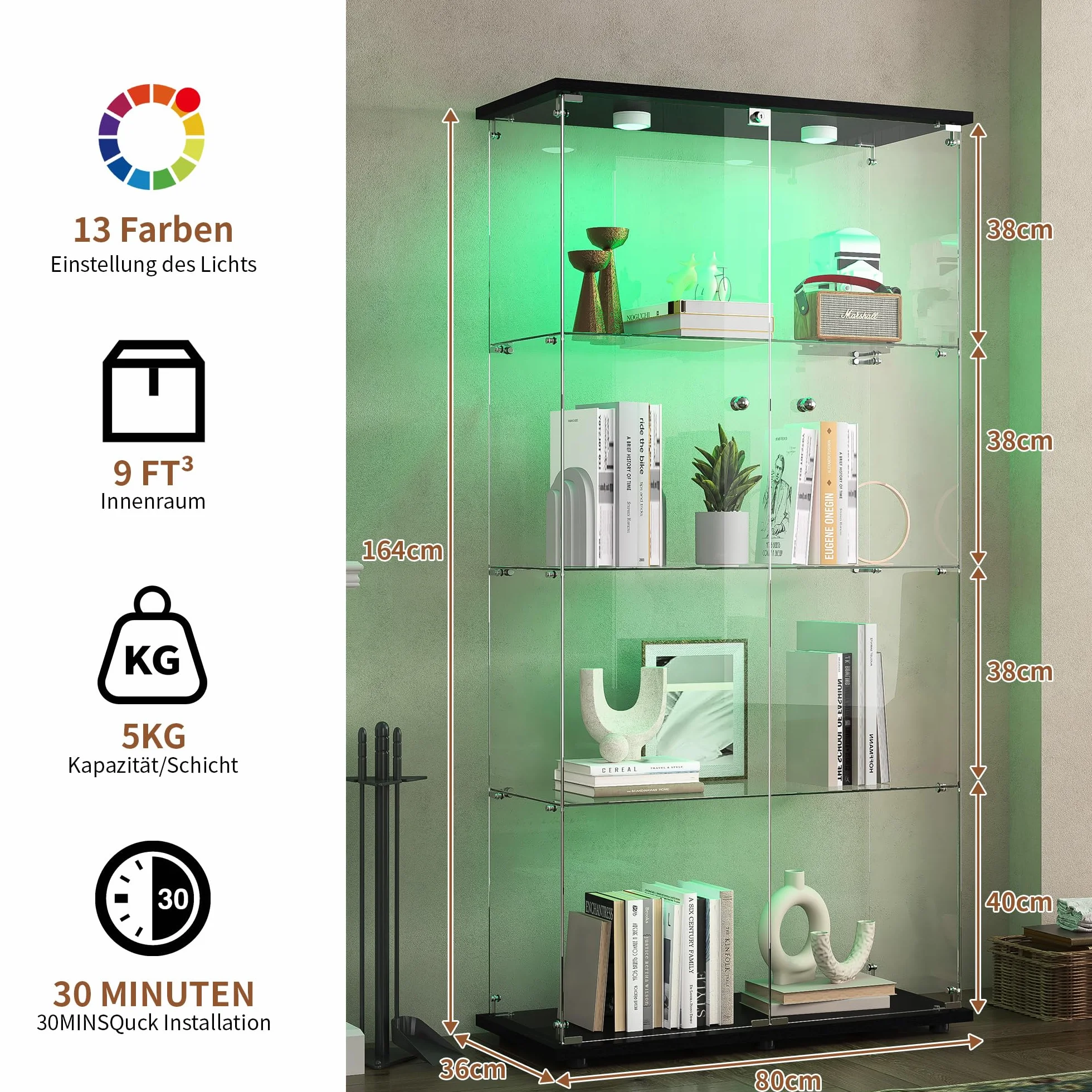 Vitrine en Verre avec LED 164x80.5x36.5cm, Armoire de Collection avec 2 Portes et 4 étagères en Serrure, Transparent pour Le Bar, Curio, Salon, Noir