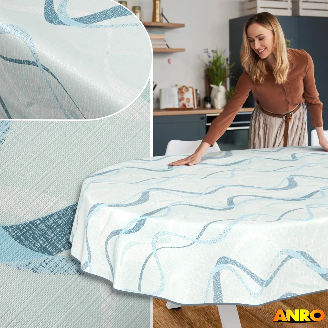 Nappe en Toile cirée Lavable Effet Lotus Imperméable Ovale 200 x 140 cm Bleue Motif Vagues