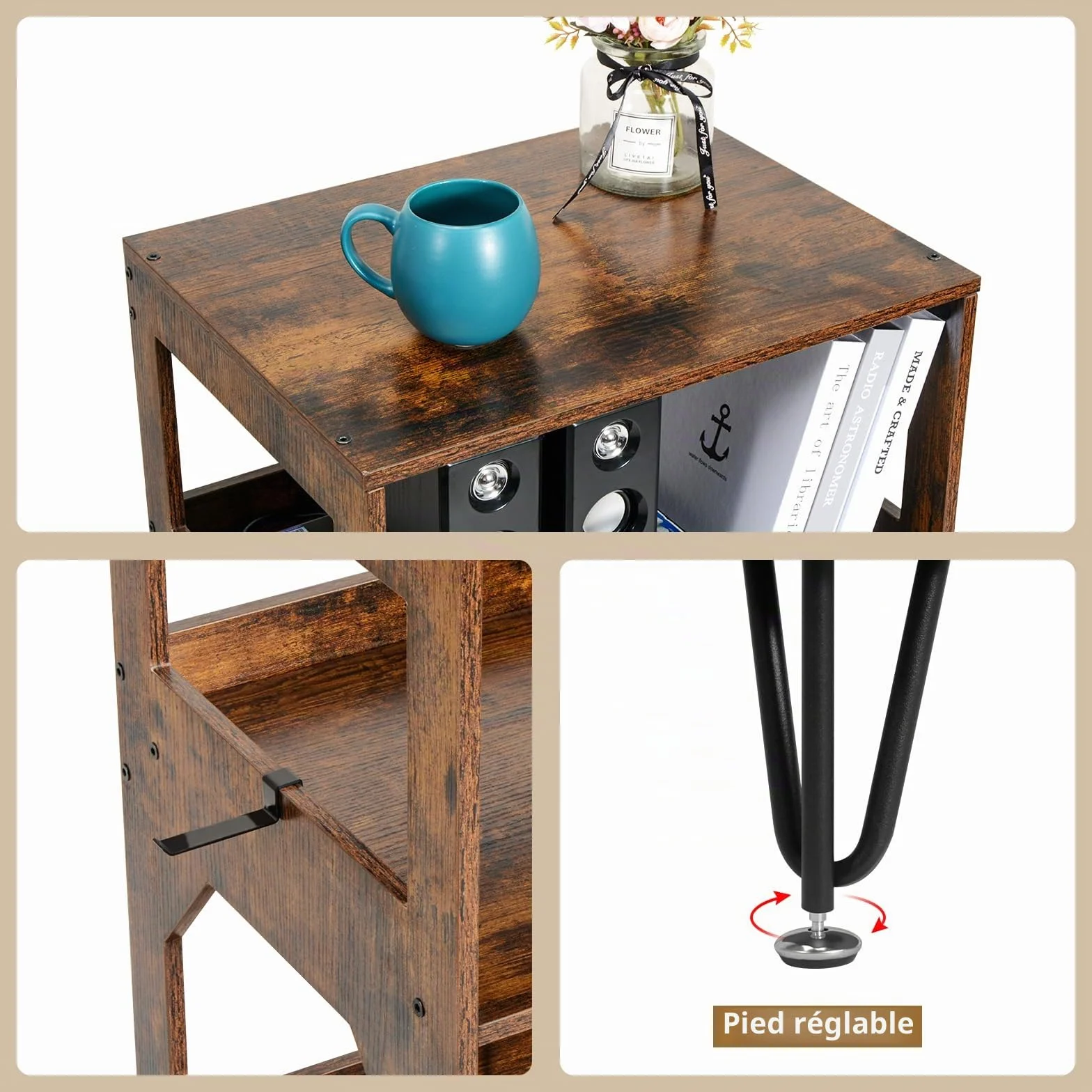 ikkle Table d’Appoint pour Tourne-Disque avec Rangement LP à 3 Niveaux, Support pour tourne-disque en bois marron Meuble Platine Vinyle, Support pour 160 Albums,Étagère de Rangement Disques pour Salon