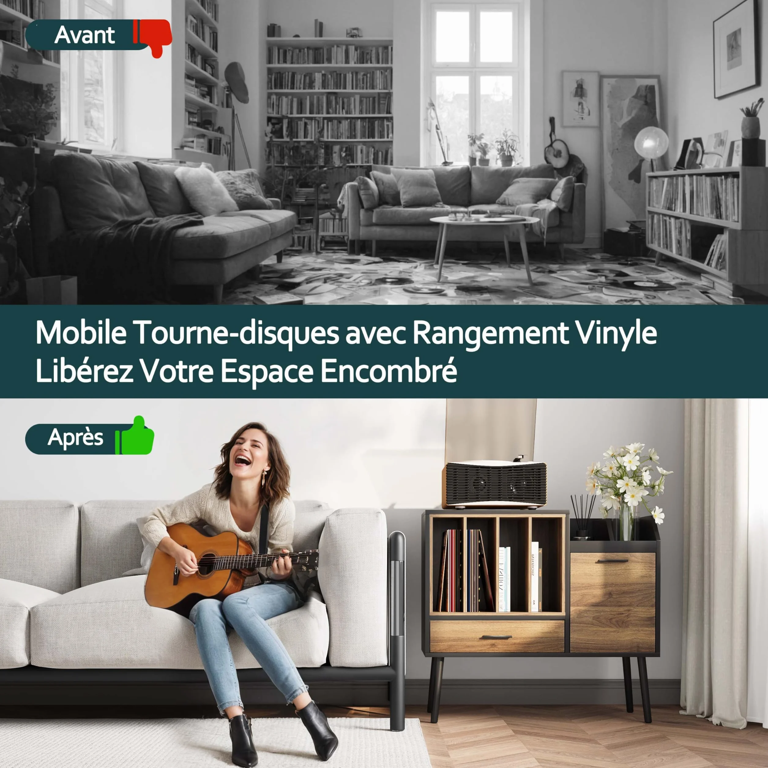 Semiocthome Support de Tourne-Disque avec Caisse en Vinyle, Table de Rangement avec tiroir et Pieds massifs, Plateau pour platines tournantes (Grande)