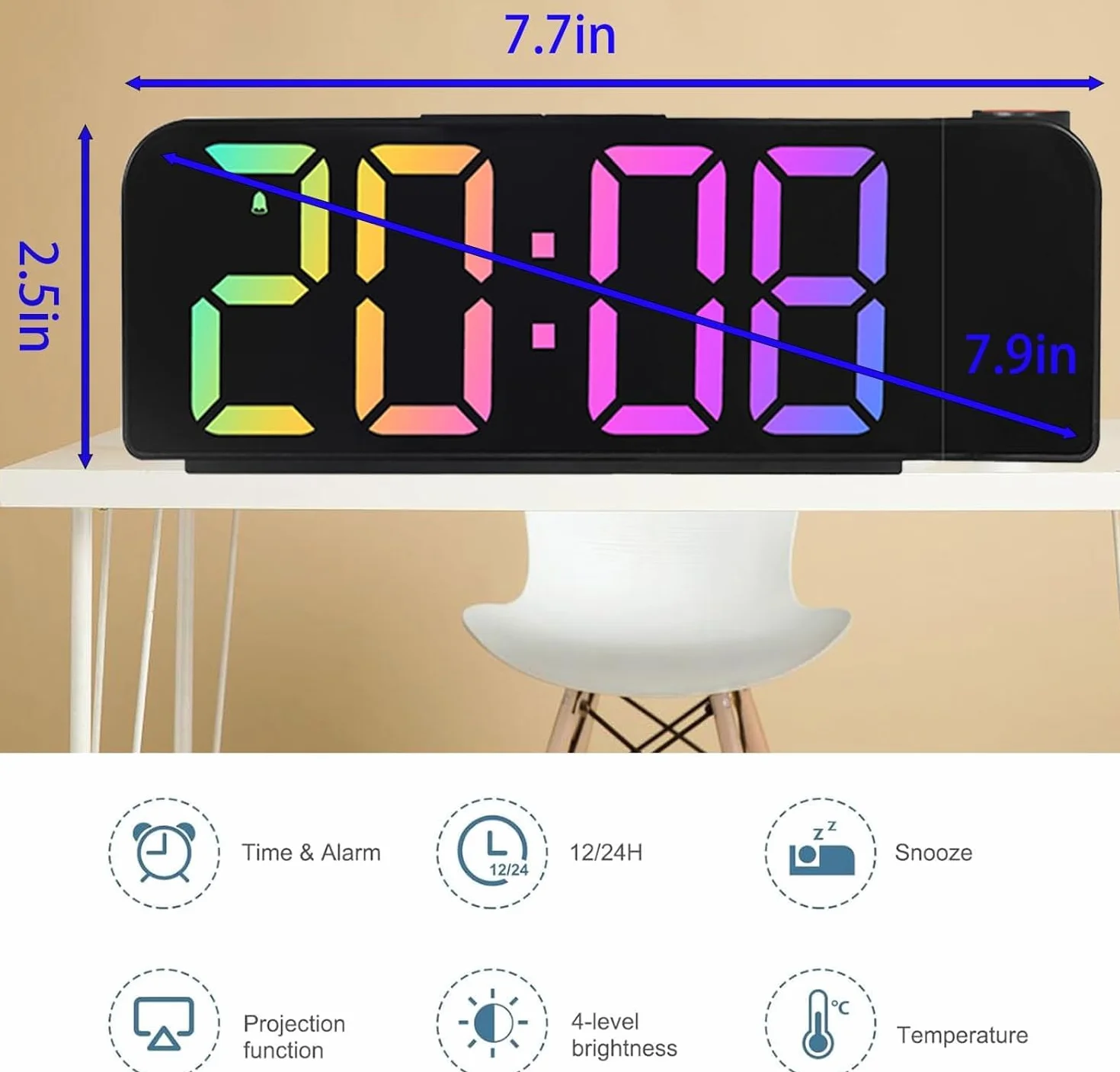 Réveil Projecteur Plafond 180°, 7" Grand Écran Horloge Numérique LED Projection, Luminosité Réglable 12/24H, Chargement USB