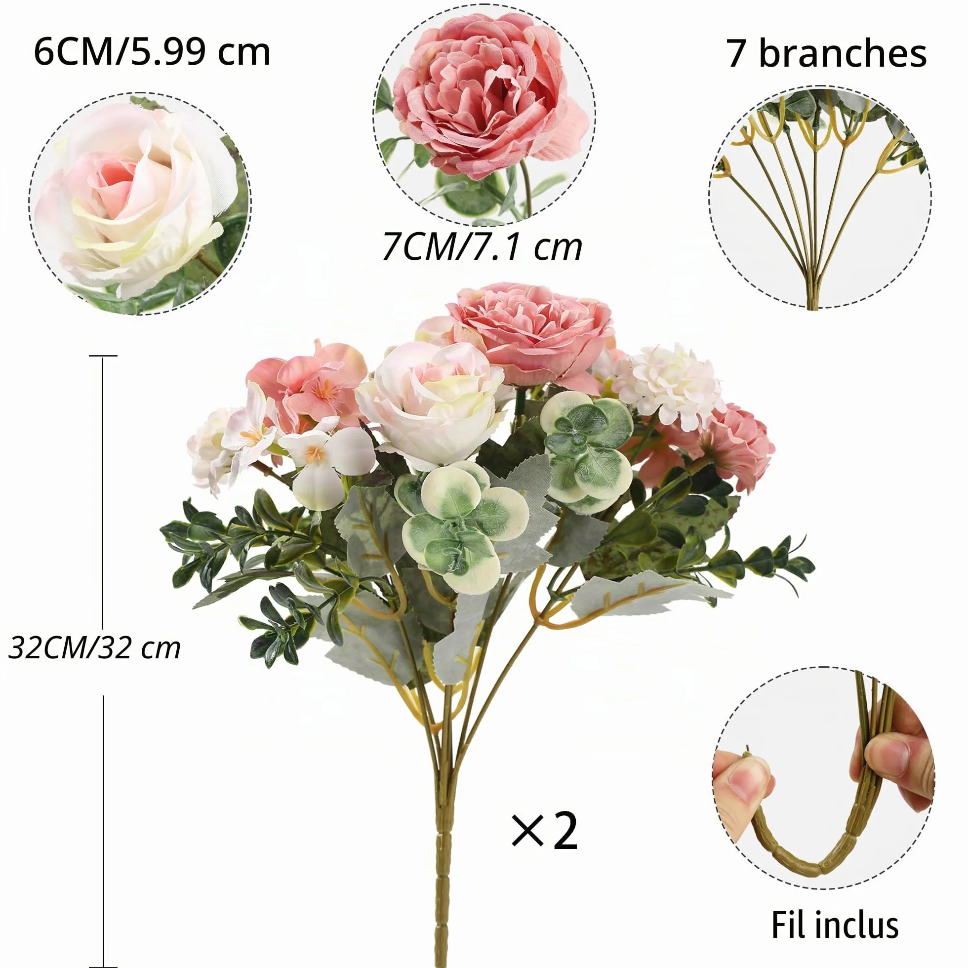 Bouquets Fleurs Artificielles en Soie Pivoine Hortensia pour Mariage Décoration (Rose)