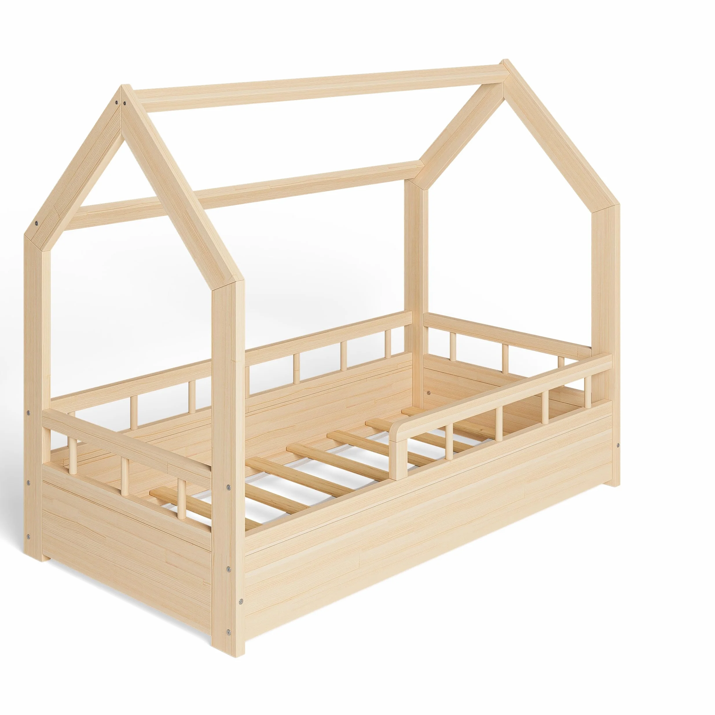 MS FACTORY Lit Enfant Bébé Maison 70x140 cm - Lit en Massif Cabane avec Protection Anti-retombée, Barrière Sécurité - Style Scandinave Montessori - Bois Demi-barrières