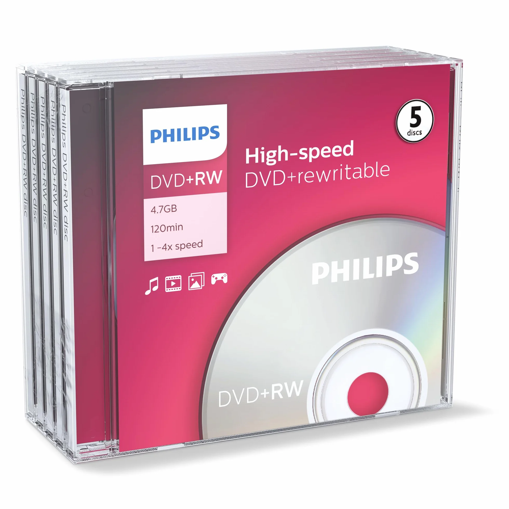Philips DVD+RW High-Speed 4,7 Go 120 Min 1-4x Jewel Case 5 pièces réinscriptible