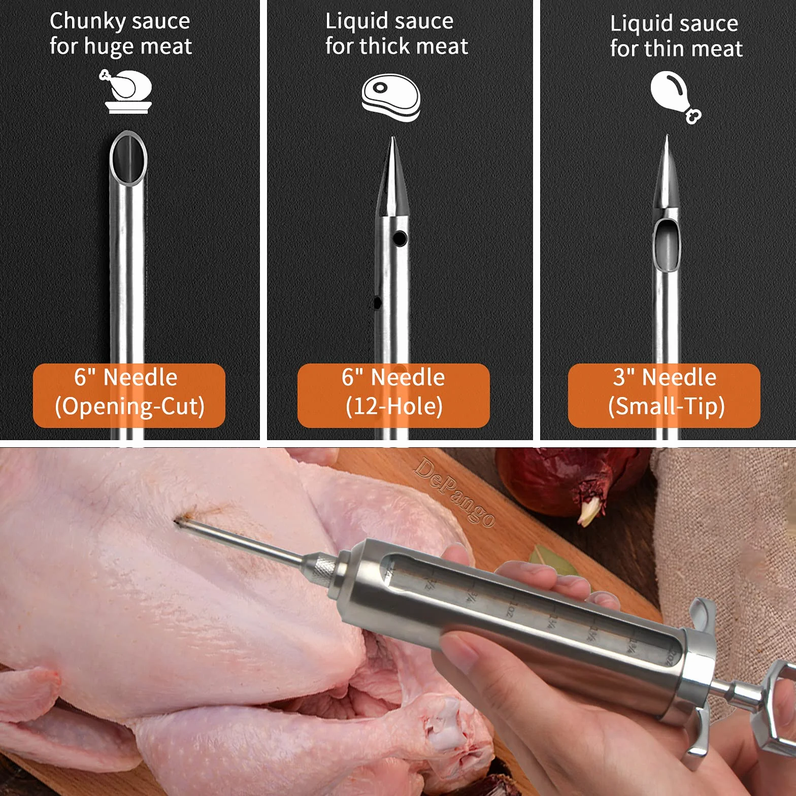 DePango Seringue Alimentaire Injecteur de Marinade 60ml Inox 3 Aiguilles à Viande pour BBQ Steak Poulet