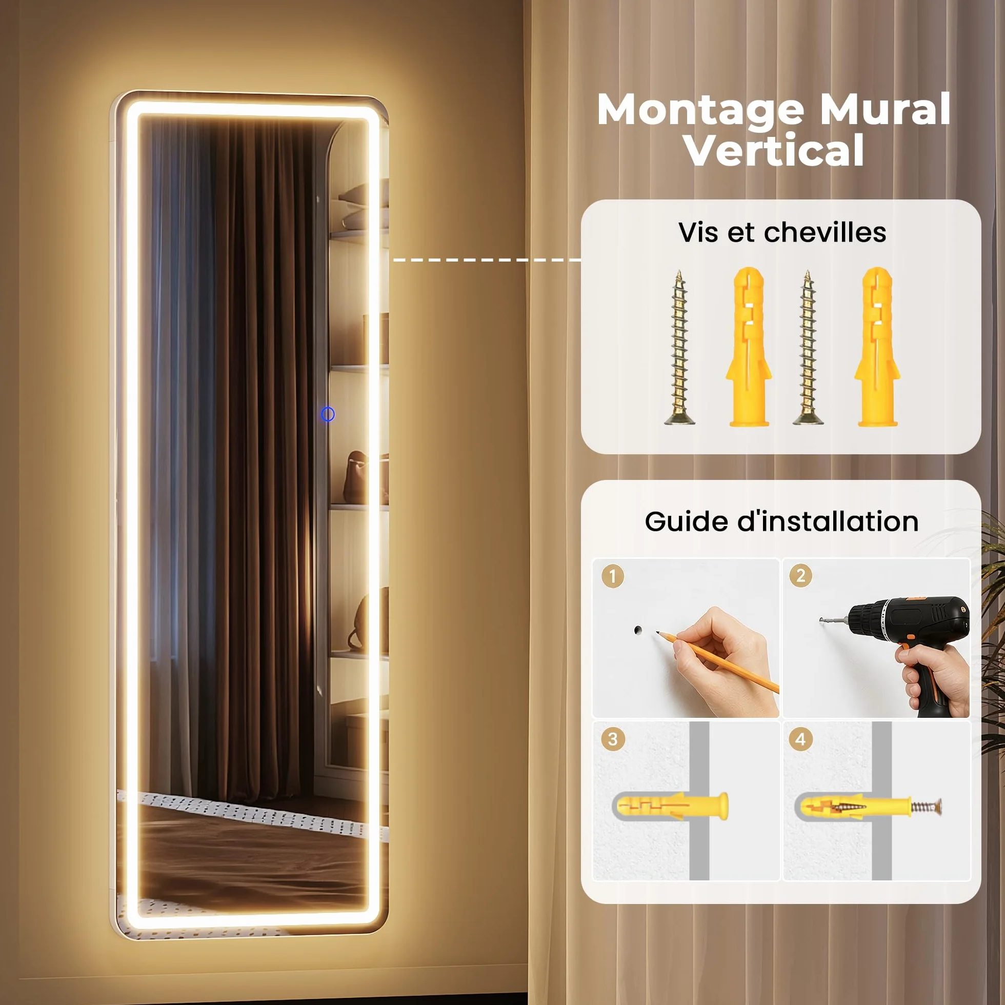 LED Miroir Mural 120x37cm Pleine Longueur avec Lumière Grand Miroir de Porte Suspendu Blanc