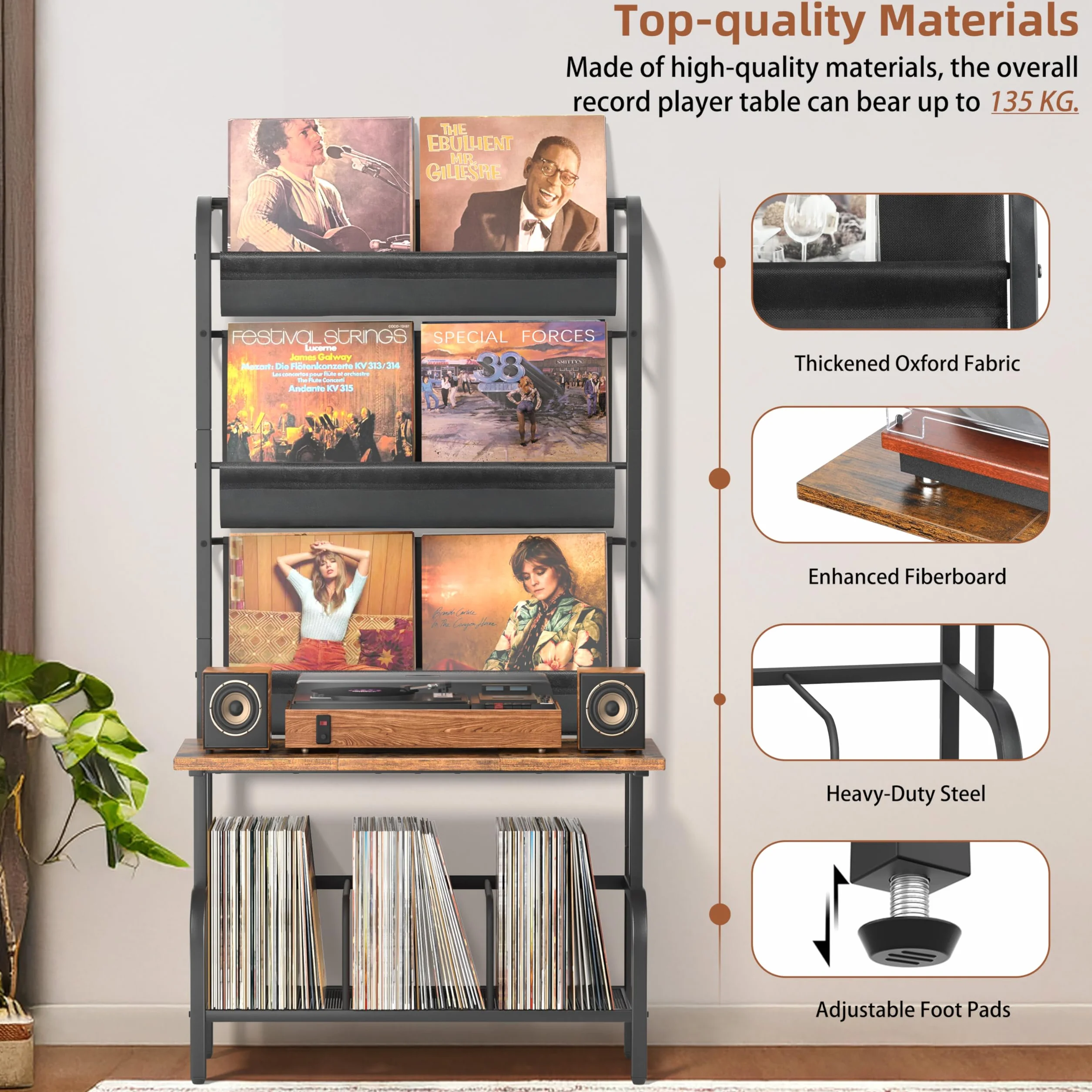 Bikoney Meuble Tourne-disque avec Rangement Vinyles – Support Platine Vinyle pour Jusqu’à 300 Albums, Table de Tourne-disque Vintage, Étagère de Rangement pour Disques et Stéréo Plus Grand