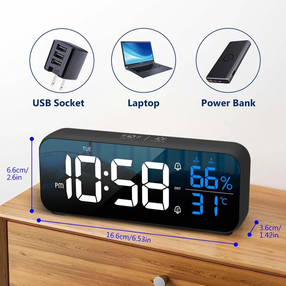Réveil Numérique Miroir LED avec Fonction Snooze, Grand Écran Température, Alarme USB 12/24H