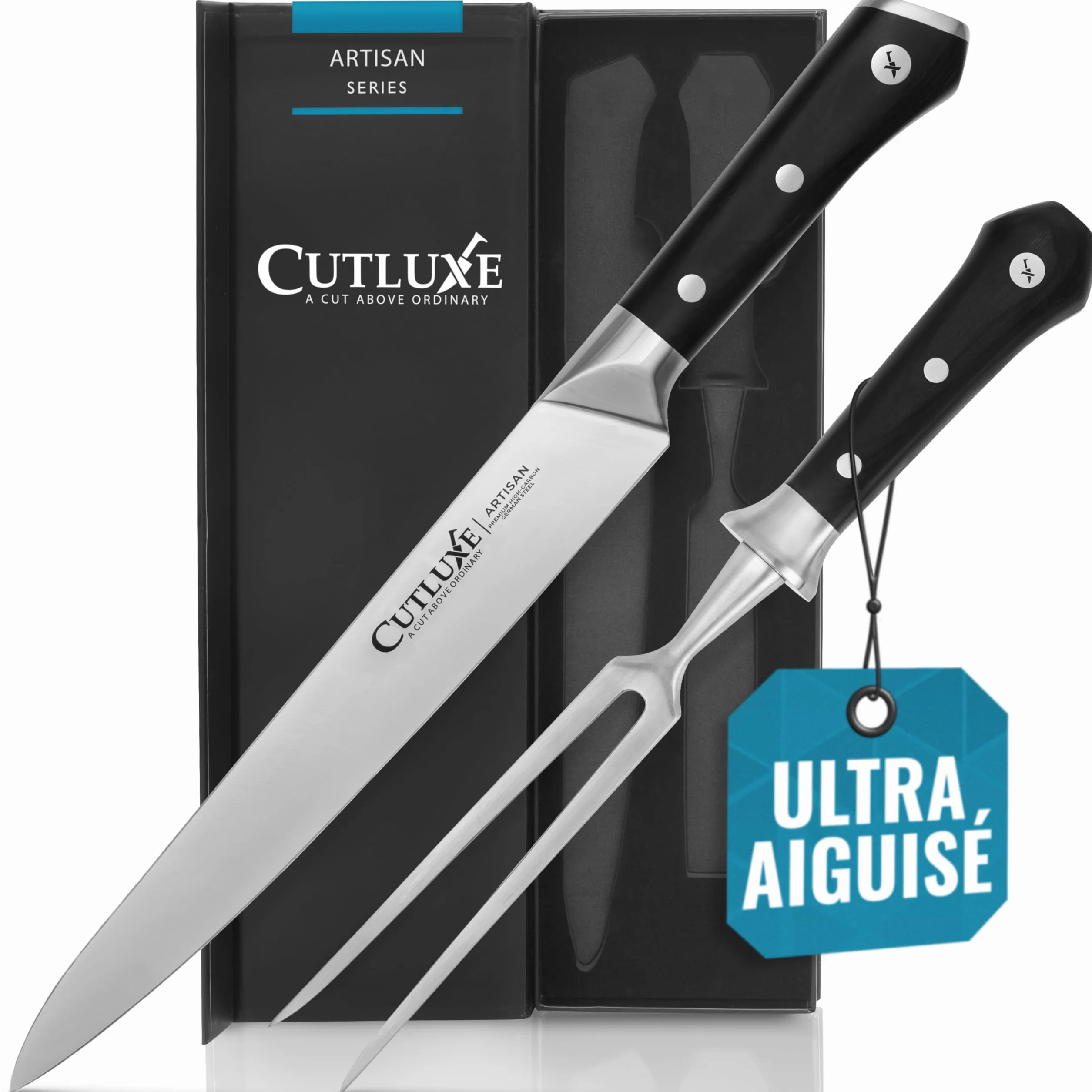 Cutluxe Ensemble de couteaux à découper pour la dinde - Couteau et fourchette pour viande, brisket, BBQ - Lame en acier allemand affûtée - Soie complète, poignée ergonomique - Série Artisan