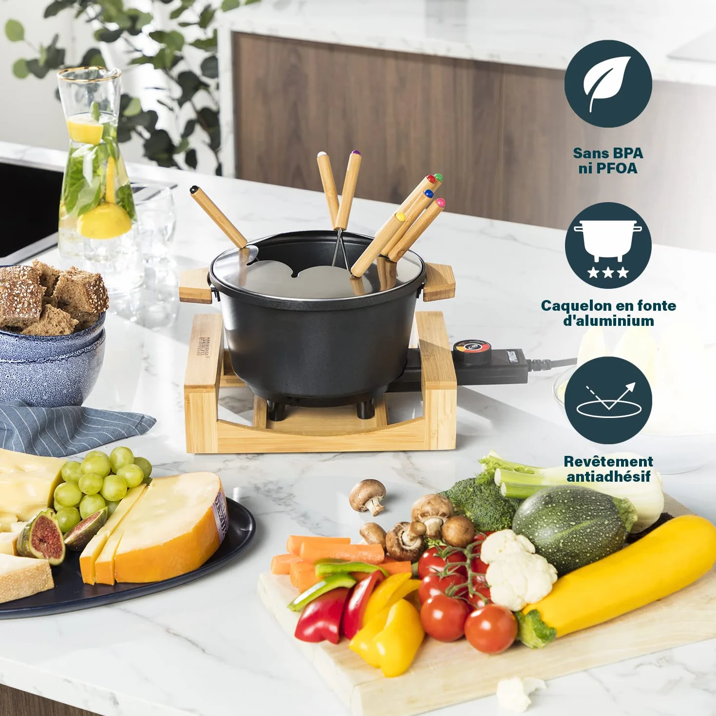 Princess Service à fondue 1,5 L pour 8 personnes – Design en bambou, caquelon antiadhésif, thermostat réglable, 8 fourchettes incluses, polyvalent, facile à nettoyer