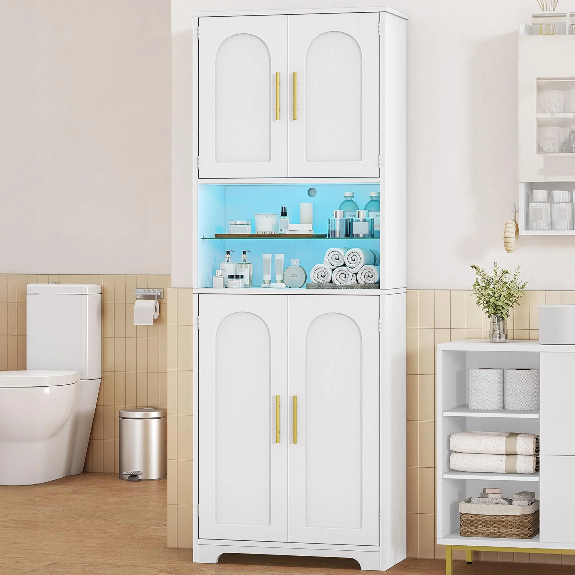Hzuaneri Meuble Colonne Salle de Bain, Meuble de Rangement, Armoire de Rangement, Placard Rangement, Armoire de Salle de Bain avec 4 Portes, 30 x 60 x 170 cm, Bois Blanc SC68213X