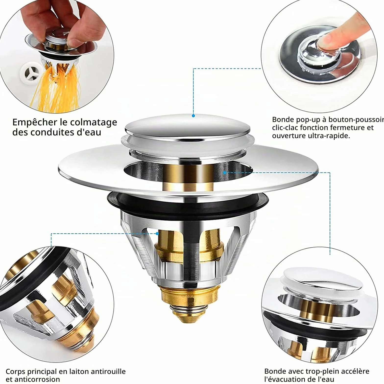 Bouchon Lavabo Universel Bonde Acier Inoxydable Popup 32 38 mm