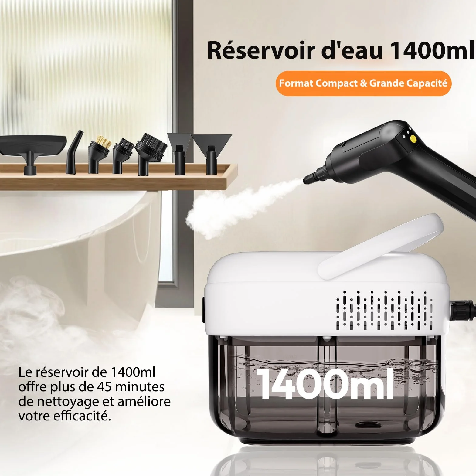 Nettoyeur Vapeur, Nettoyeur Vapeur Portable, Chauffe Rapide en 15s, 3 Niveaux de Réglage, 1,4L Steam Cleaner, Nettoyeur Vapeur Haute Pression Pour Maison, Cuisine, Salle de Bain, Auto, Sols, Meubles