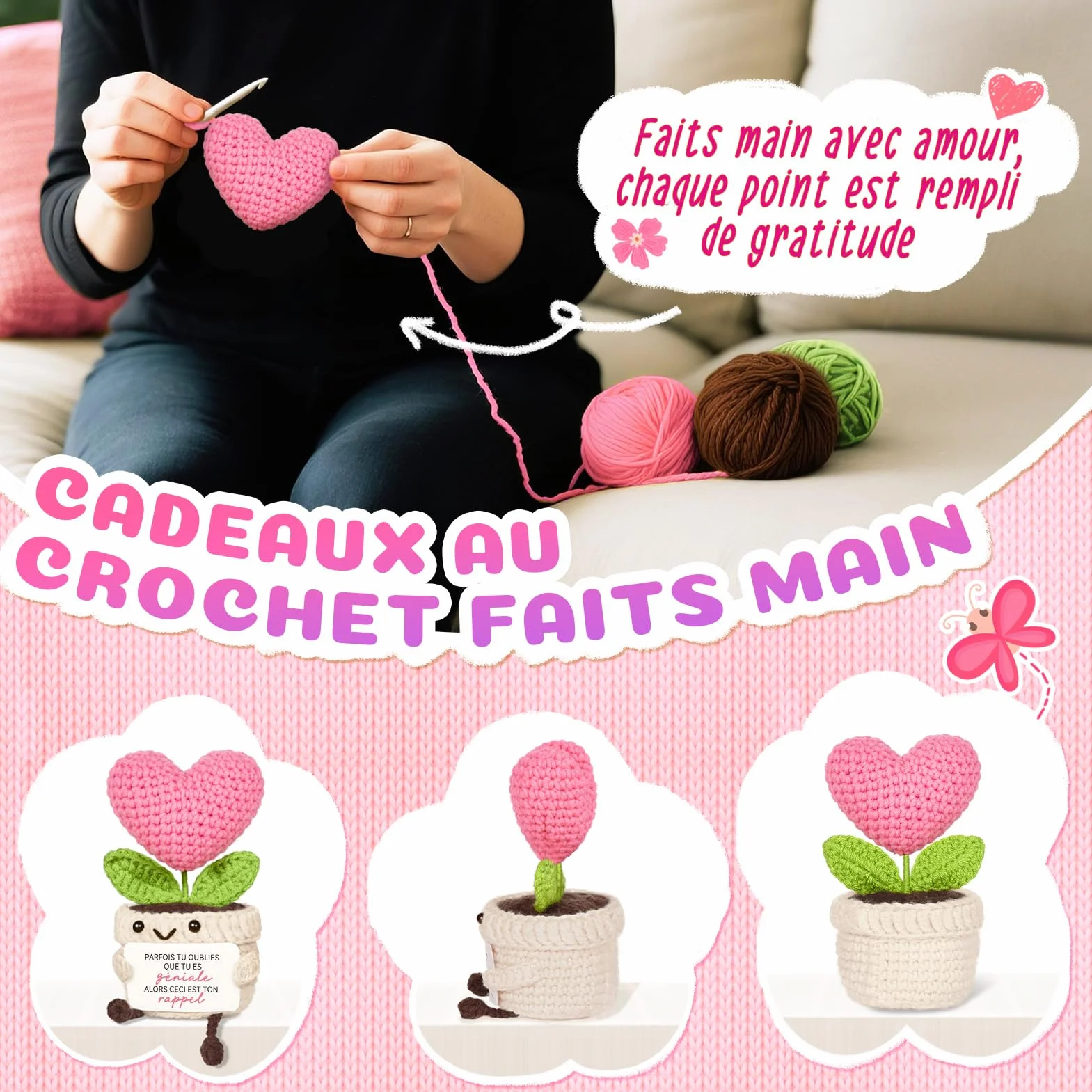 Cadeau Femme Anniversaire Décoration Forme Cœur Tricotée Rose Original pour Amie Soeur Maman