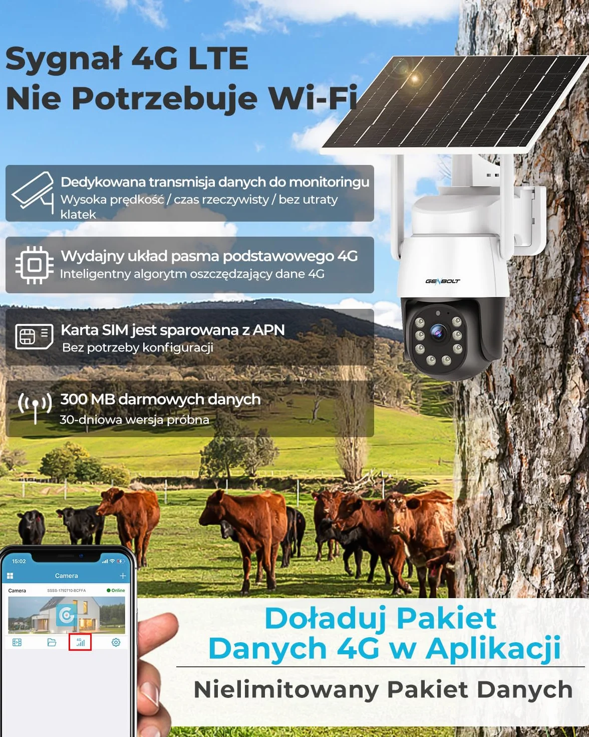 GENBOLT 4G AOV Kamera Zewnętrzna Solarna(Bez WiFi),Nagrywanie 7/24 3MP IP Zewnętrzna Kamera Monitoringu CCTV z Kartą SIM, Odległość Wykrywania AI 90 Stóp,Akumulator 8W 10400mAh,Funkcja Noktowizyjna