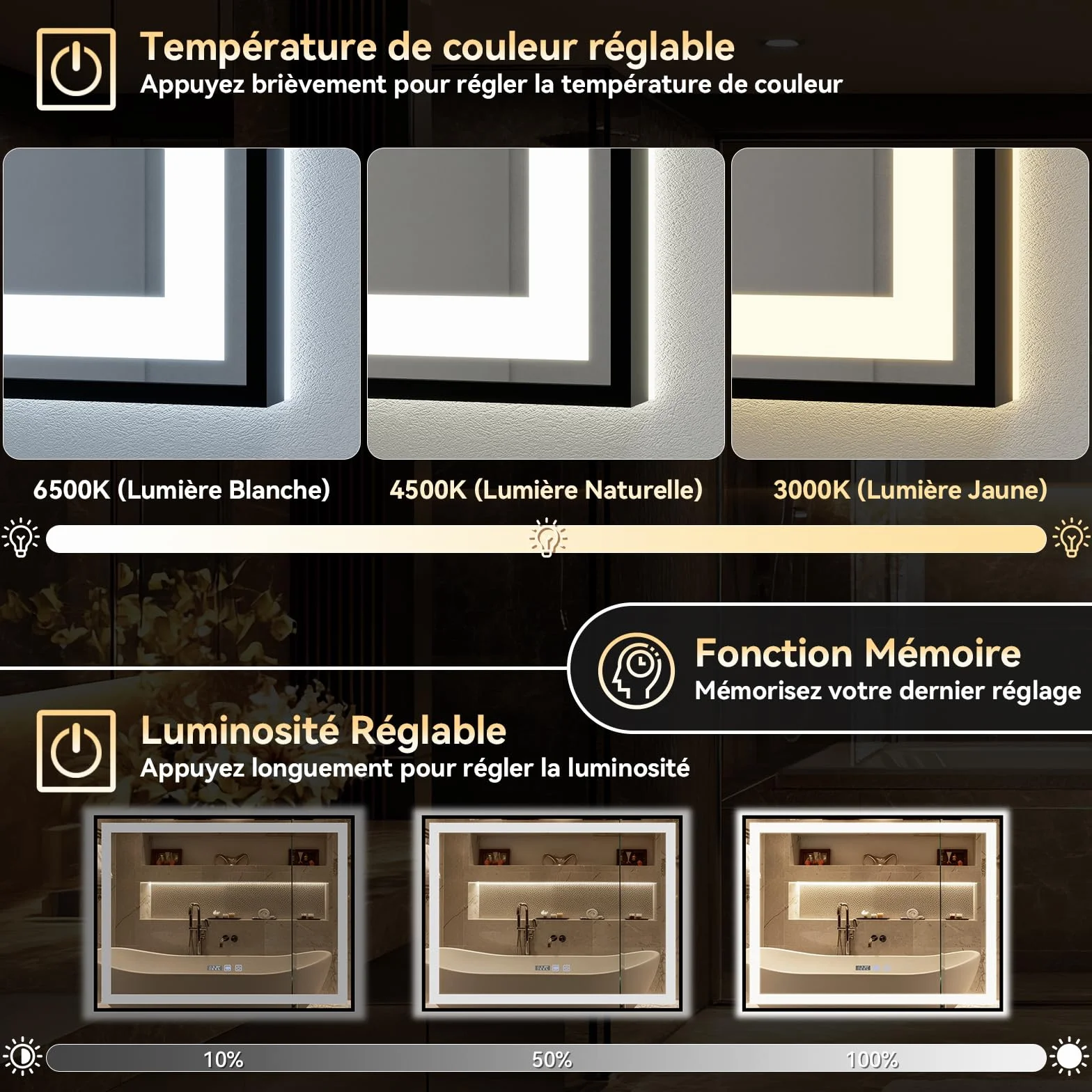 YU YUSING Miroir de Salle de Bain LED 70x50cm, Miroir Lumineux Cosmétique Mural avec 3 Couleurs de Lumière Réglables, Cadre Métallique, Affichage L'heure, Anti-buée, IP44 Étanchéité, Horizontal