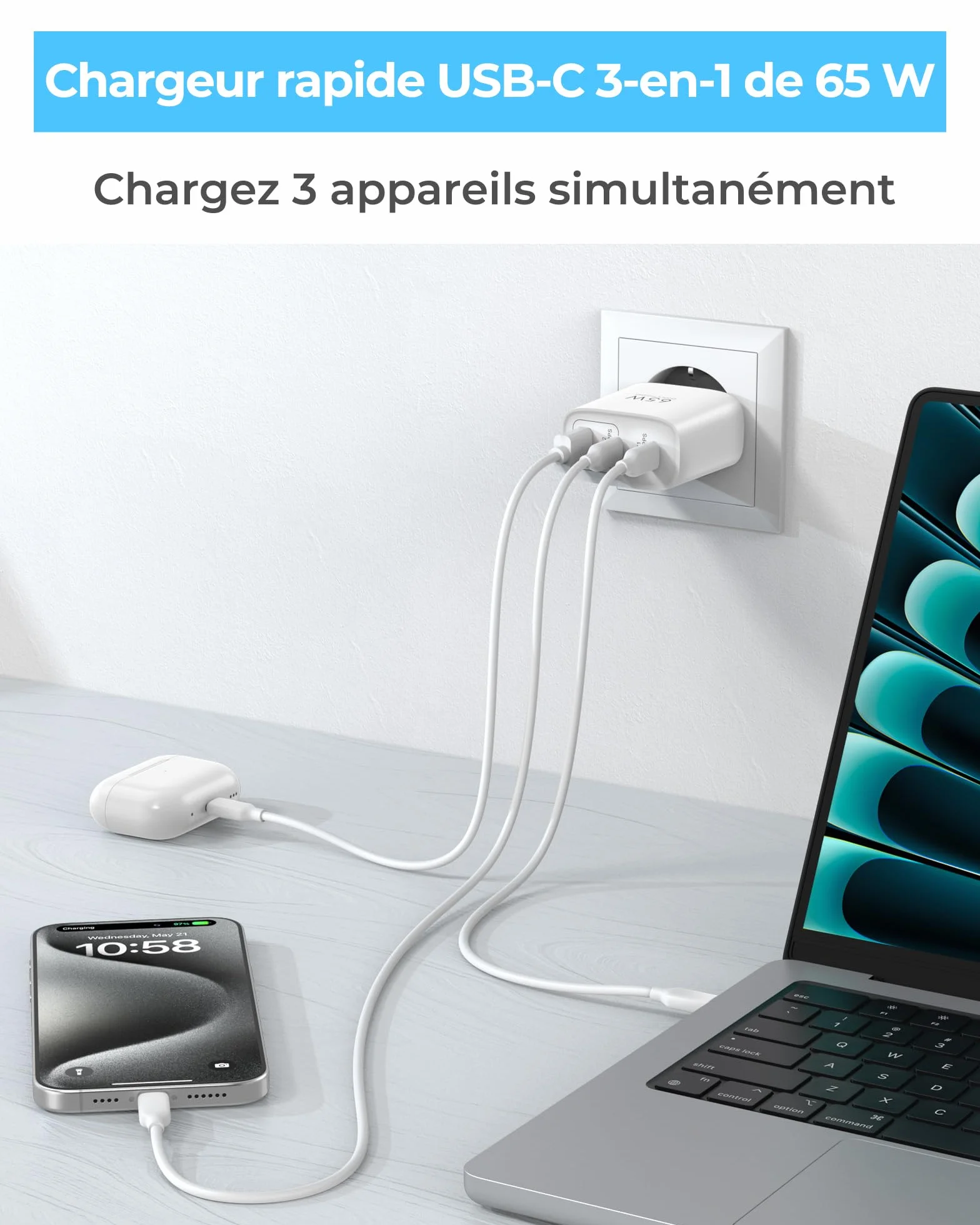 Chargeur USB C 65W GaN PD3.0 PPS 3 Ports avec Câble 60W pour iPhone 17 16 15 14 13 Pro Max MacBook M4 M3 M2 Galaxy S25 S24 S23 Note Pixel 9 8 7 iPad Air Pro Blanc