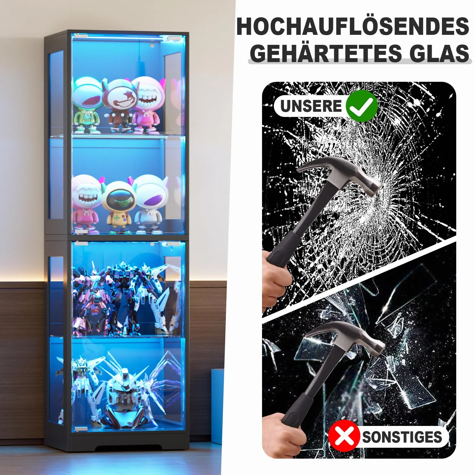 Vitrine en Verre avec LED, Vitrine pour Collection, 4 Couches Multifonction en Verre Debout,Armoir de Vitrine Moderne,Armoire de Salon de Collection,Jouets,Livres, 160x40x35cm