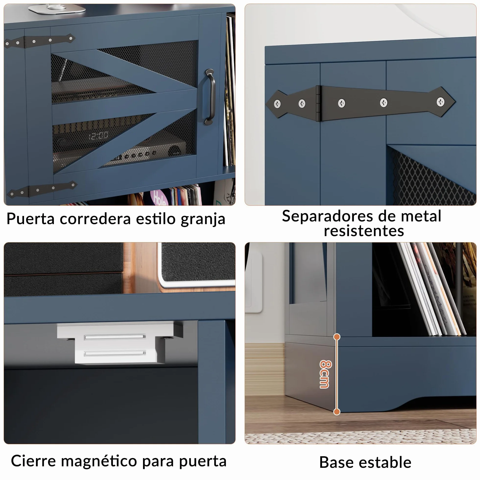 MDF Meuble pour disques vinyles avec finition noyer, support pour 500 vinyles, 2 prises et 2 USB, anti-retournement, meuble compact pour salon et tourne-disques, couleur bleue (120 x 40 x 80 cm