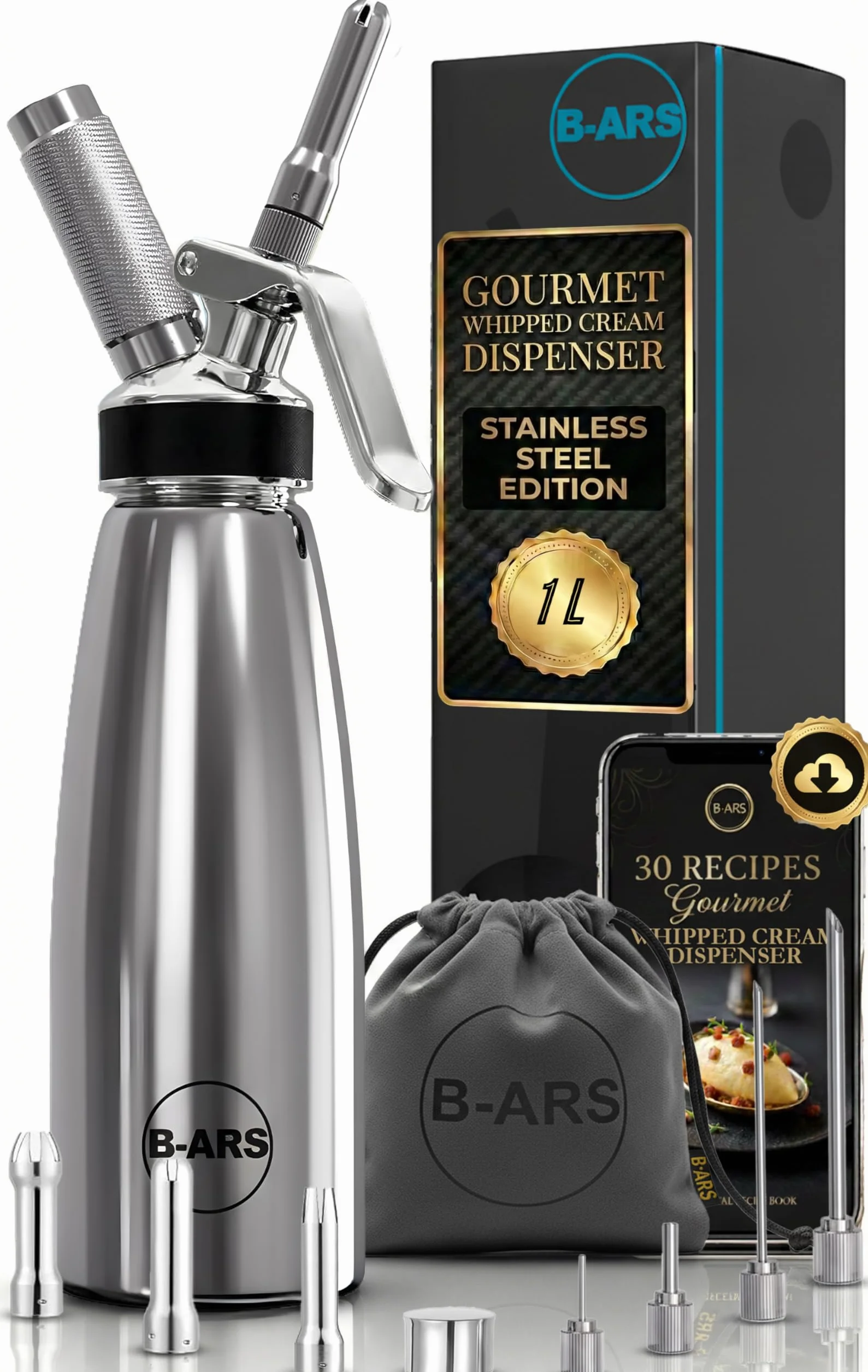 Siphon Chantilly Acier Inoxydable 1L avec Buses Décoratives et Accessoires