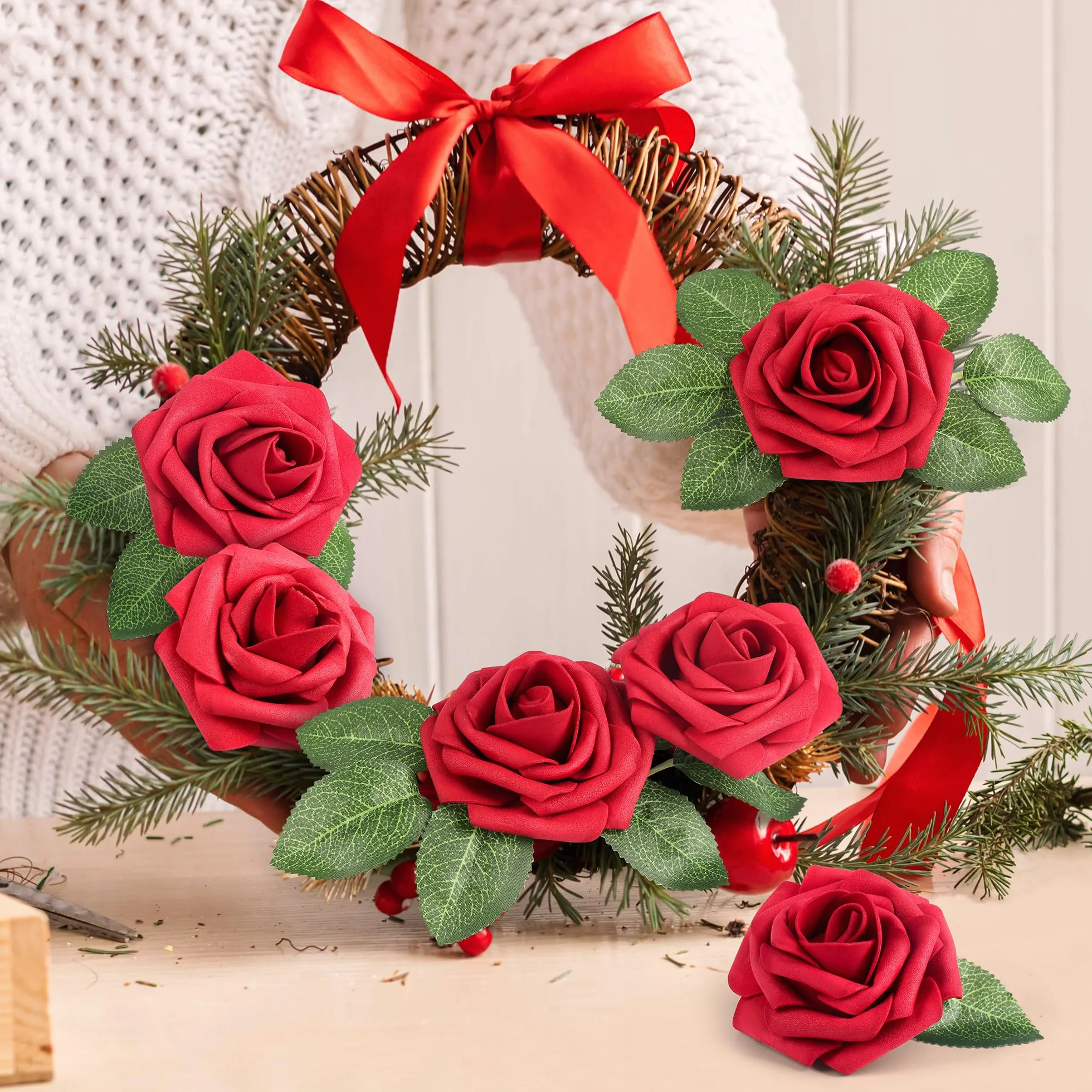 Mocoosy 50Pcs Rouges Roses Fleurs Artificielles, Faux Roses Latex Rouge Foncé avec Tige pour Mariage Bouquets Décorations