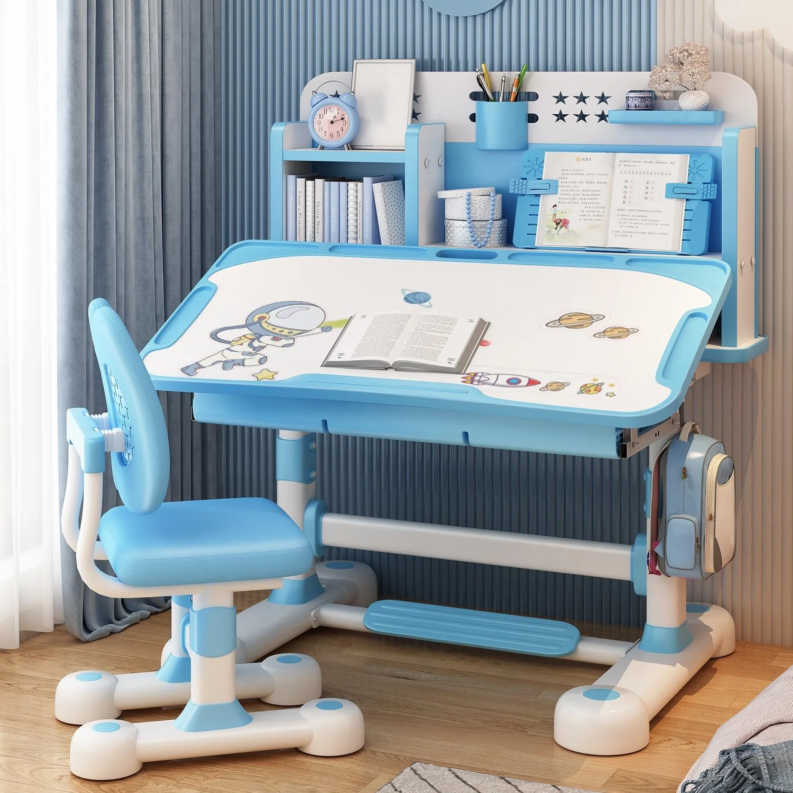 Table et chaises pour enfants avec bureau élargi de 80 cm, chaise de bureau pour enfants, correcteur de posture et soutien dorsal, table d'étude à hauteur réglable pour lecture/devoirs, bureau pour