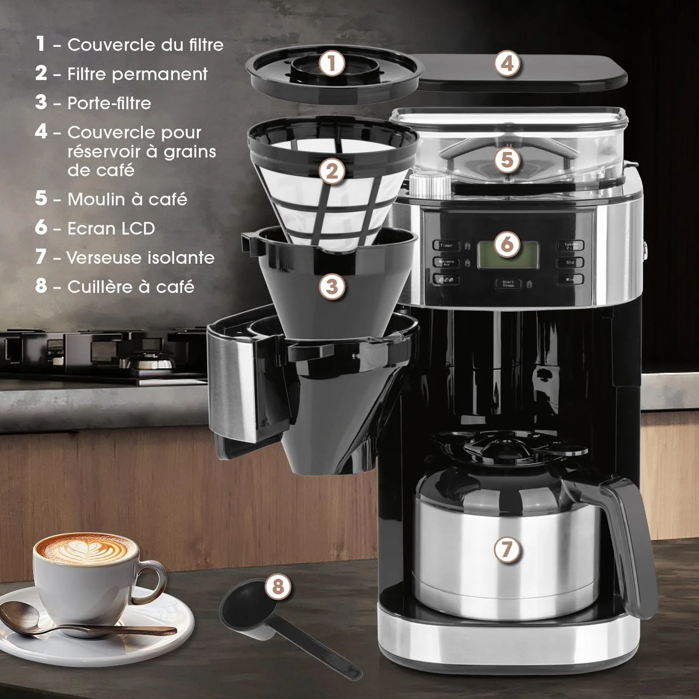 Barista Cafetière Filtre avec verseuse Isotherme 1L pur 12 tasses de café, Machine a cafe grain avec broyeur et écran digital, Fonction de minuterie