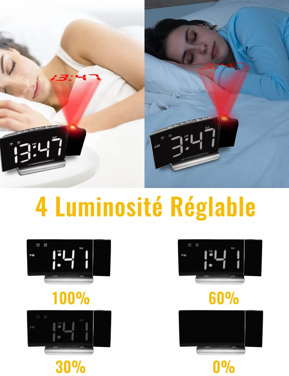 Radio Réveil Projecteur Plafond 4 Luminosité Écran 3 Projection Réglable Double Alarme Snooze Réveil Numérique Chambre