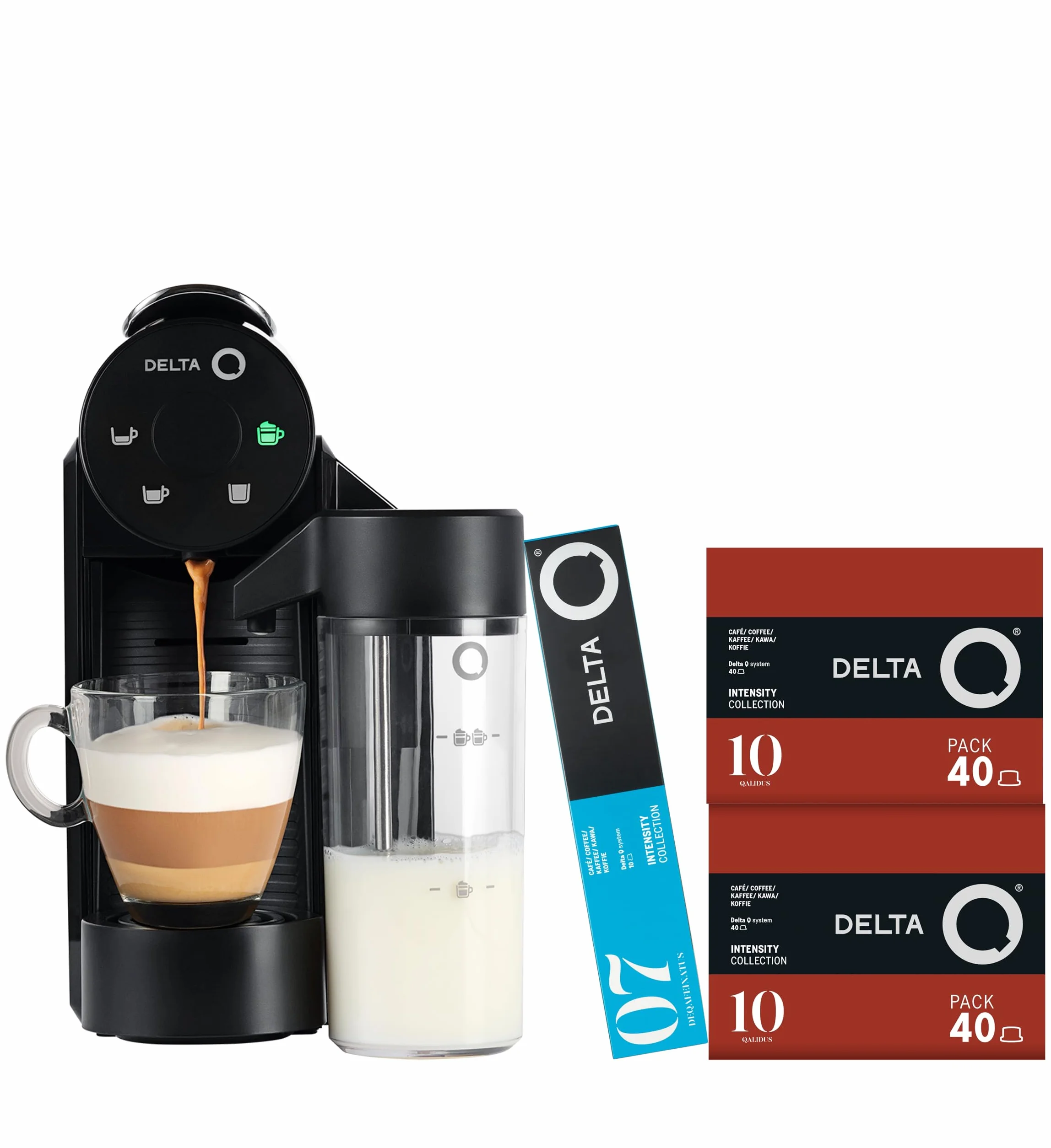 Delta Q Machine Mini MilkQool Noire, Réservoir à Lait, Inclus 90 Capsules | 20 Bars de Pression, Réservoir 0,6 L, Inclus 2 x 40 Capsules de Café Qalidus et 10 Caps Décaféinées