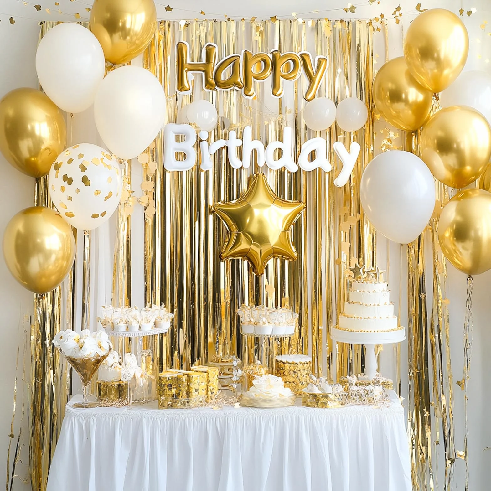 PartyWoo 3 Pièces Rideau Frange Anniversaire Or Aluminium Métallique Brillant Tinsel Shimmer Décoration Fête Toile de Fond 1x2m
