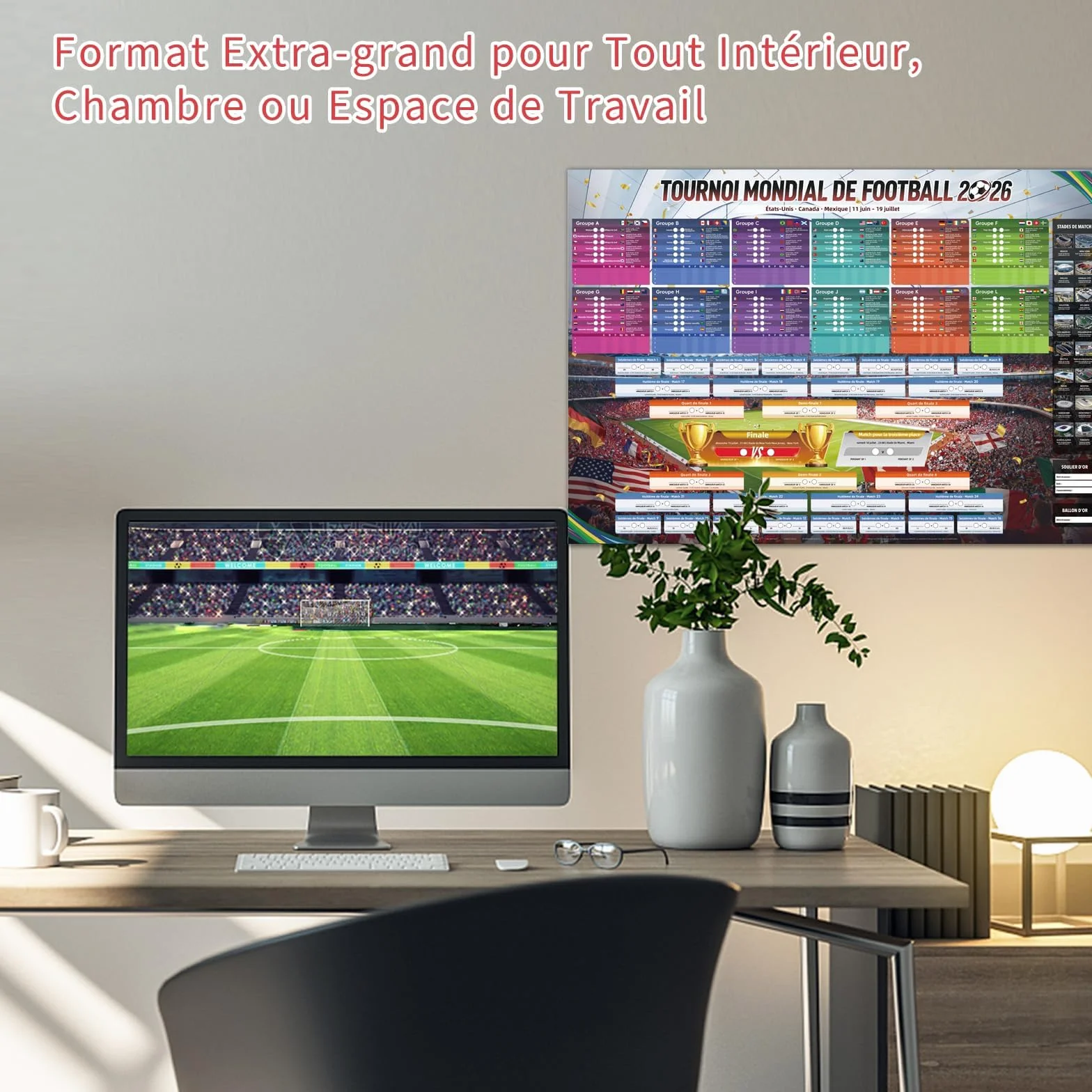 AhfuLife Calendrier Coupe du Monde de Football 2026, 100 x 70cm Poster 48 Pays Phase de Groupes Résultats Finale