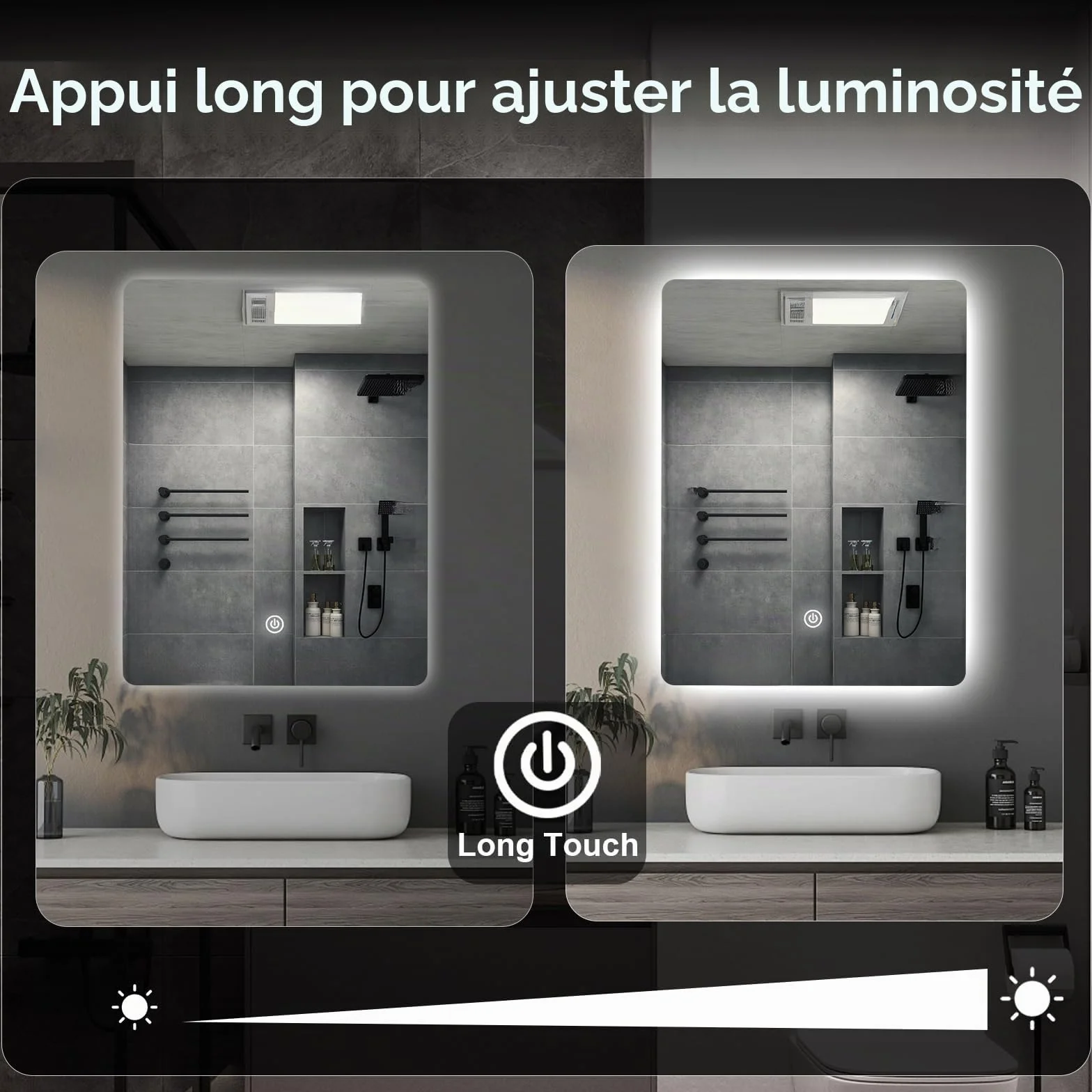 Miroir Mural de Salle de Bain, avec éclairage, 60 x 45 cm, avec lumière LED, Interrupteur Tactile et 3 Couleurs à intensité Variable (rectangulaire)
