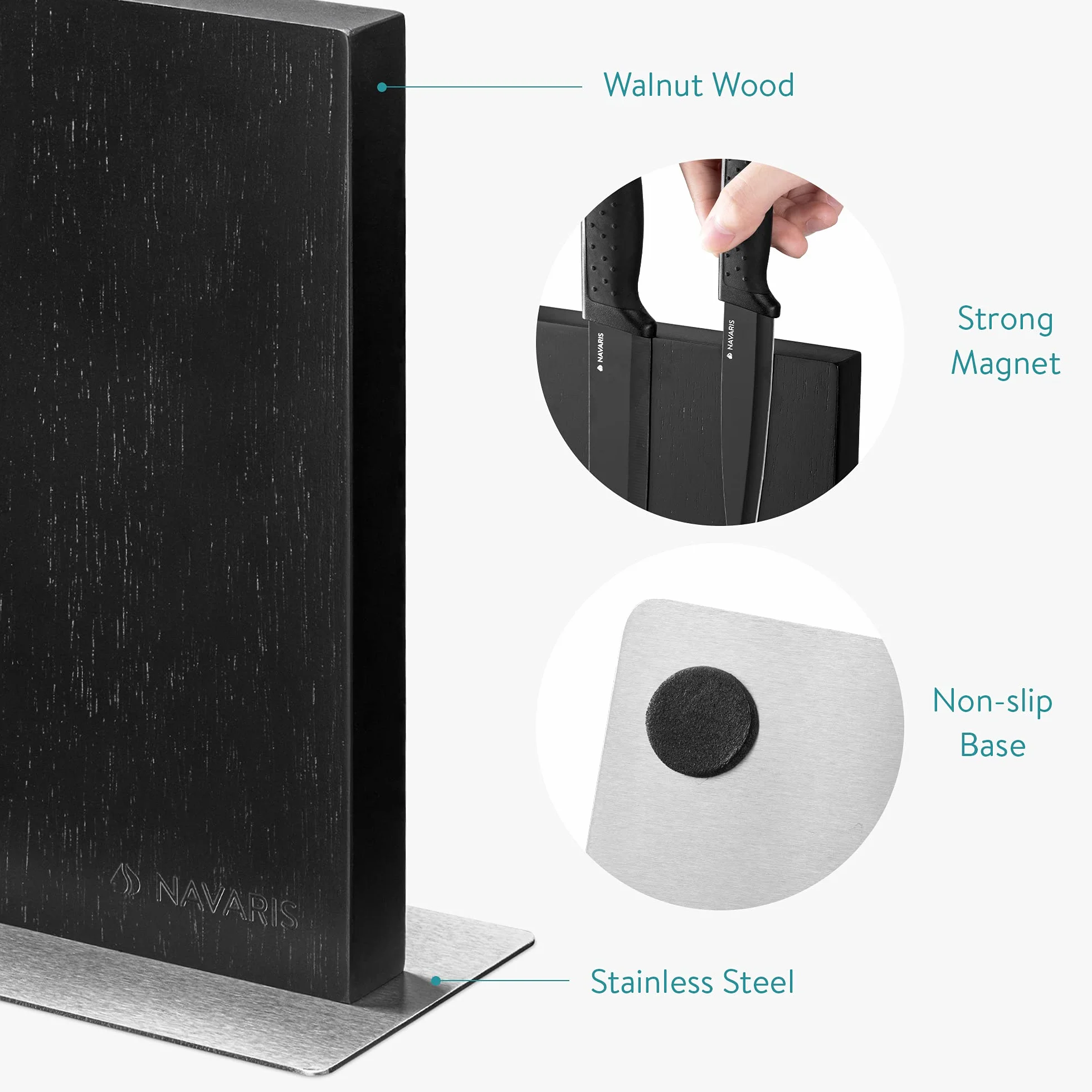 Navaris Bloc à couteaux magnétique - Bloc aimanté double face en bois d'hévéa - Range couteau de cuisine vide - Support vertical avec aimant