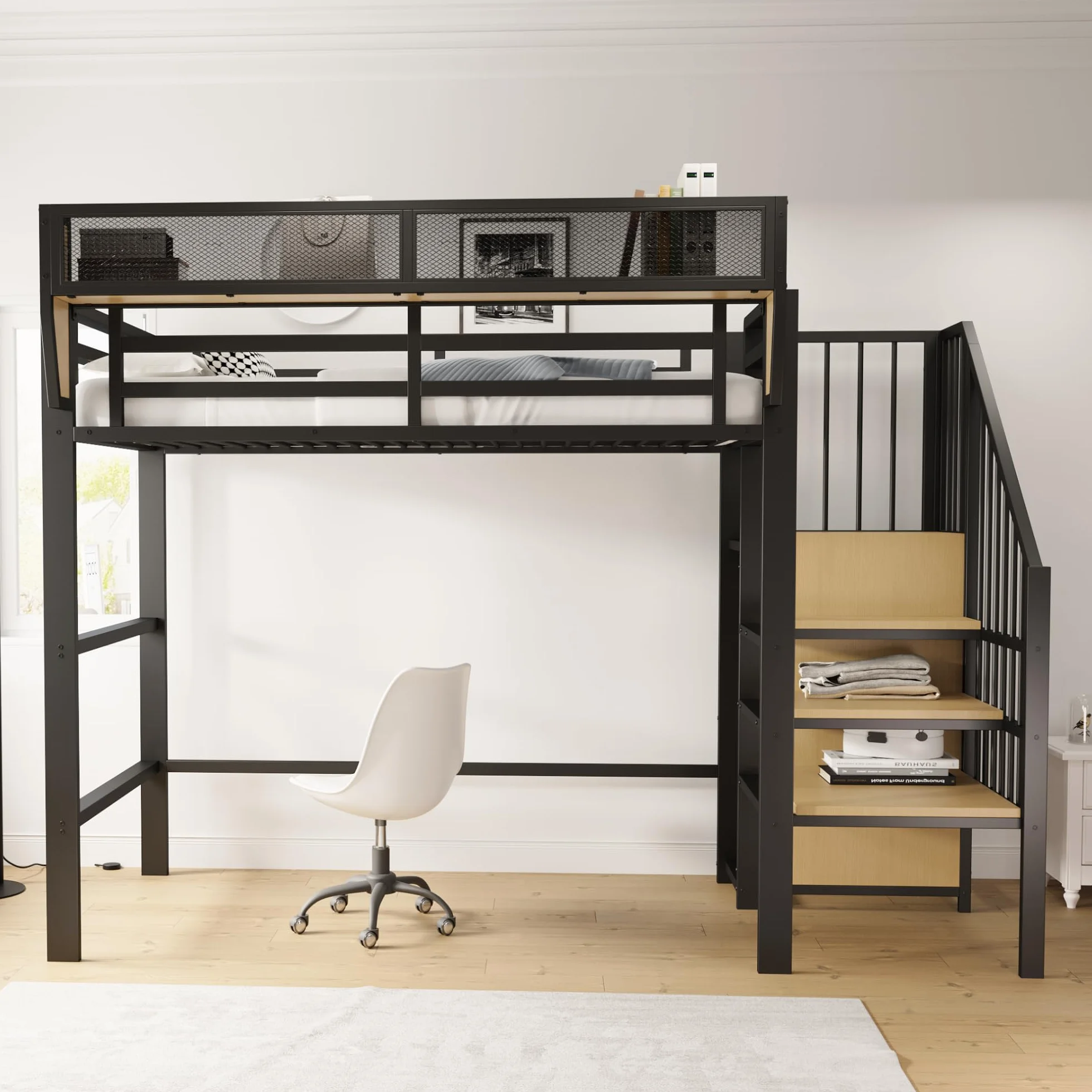 Merax Lit Mezzanine 90x200 cm en métal, avec échelle sécurisée, étagère de Rangement Amovible, lit surélevé Adulte/Enfant, Noir (sans Matelas)