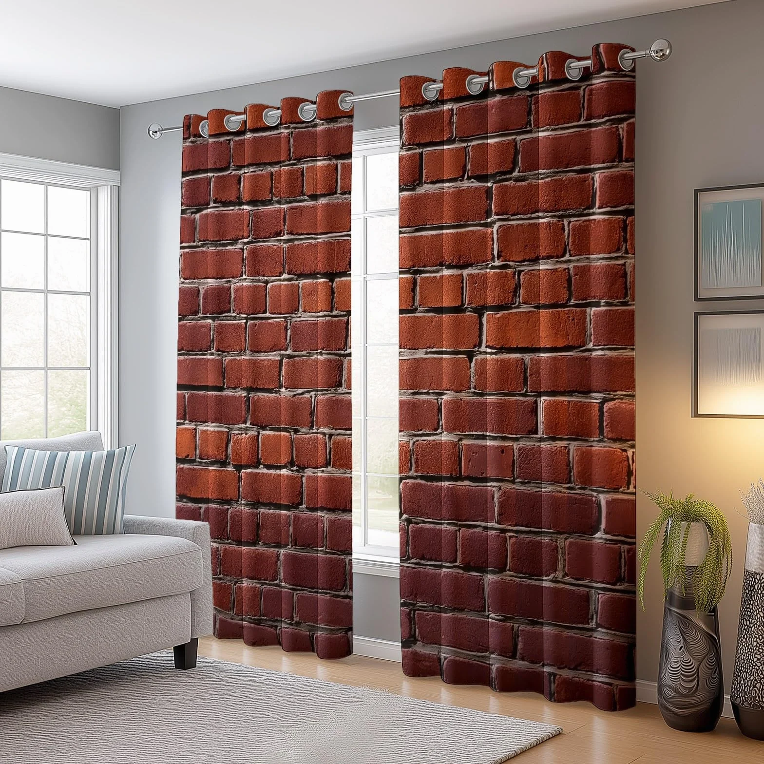 Rideaux Isolants 110L x 215H cm 2 Panneaux Design Mur de Briques Anti-Chaleur Rouge