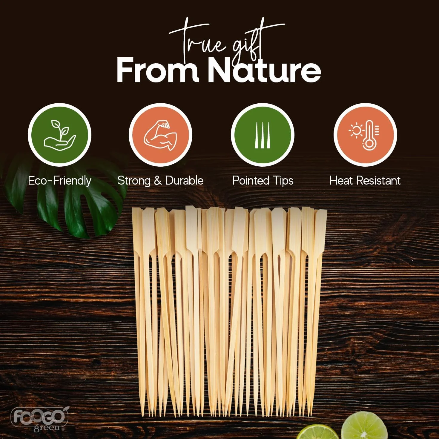 Brochettes en bambou 25cm FOOGO Green - Brochettes barbecue écologiques robustes pour fruits cocktails fête mariage