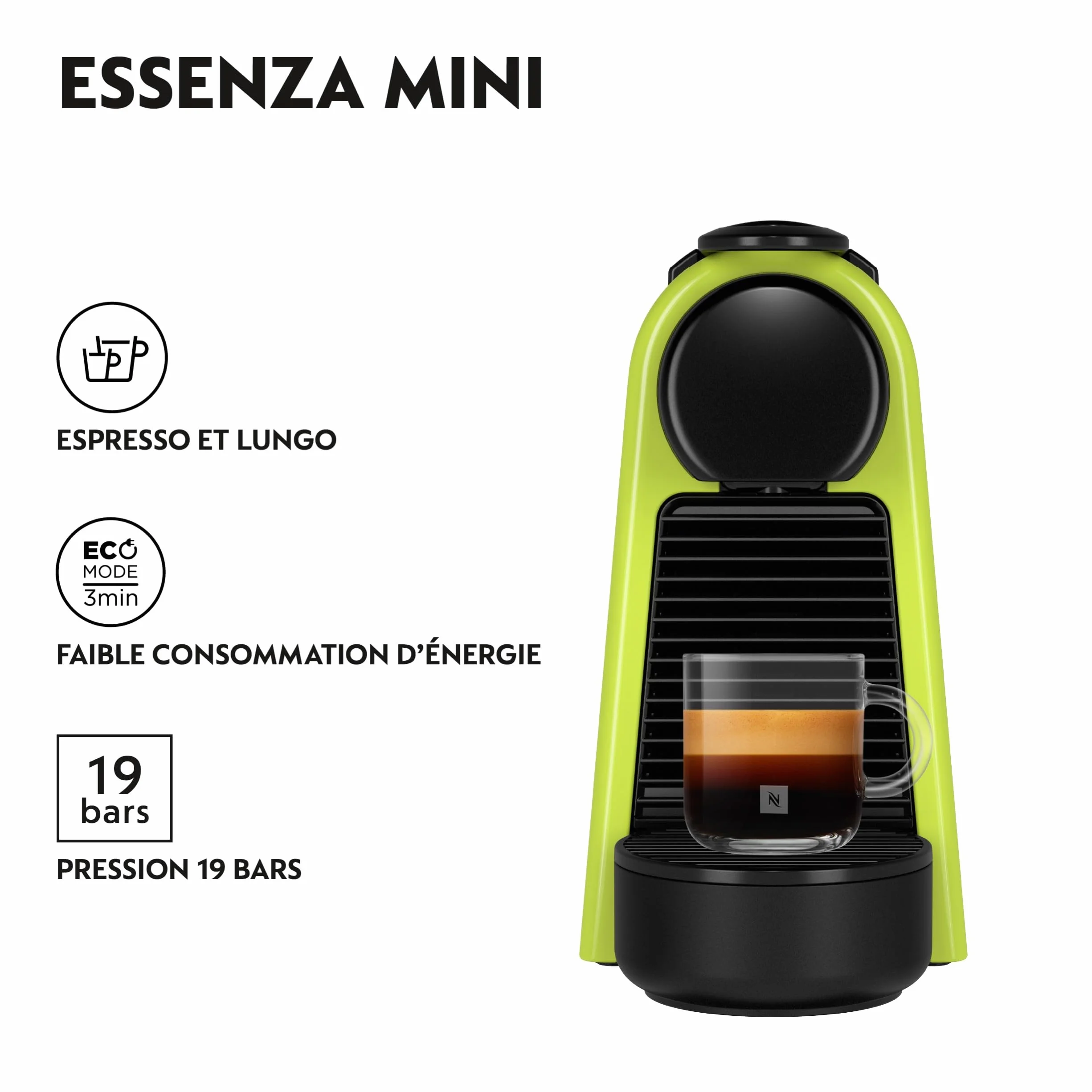 Nespresso De'Longhi Machine à Café Essenza Mini Vert, 19 Bars + Kit de Bienvenue, Design Compact, Expresso et Lungo, Arrêt Automatique, EN85.L