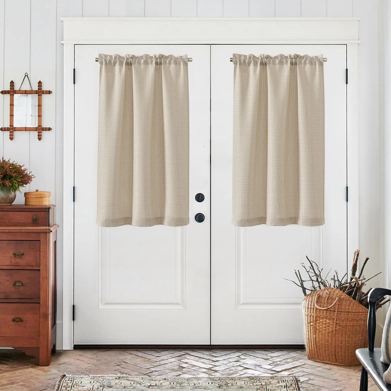Rideaux Cuisine Court Beige 70L x 90H(cm) 2 Panneaux Passe Tringle Brise-Bise Moderne