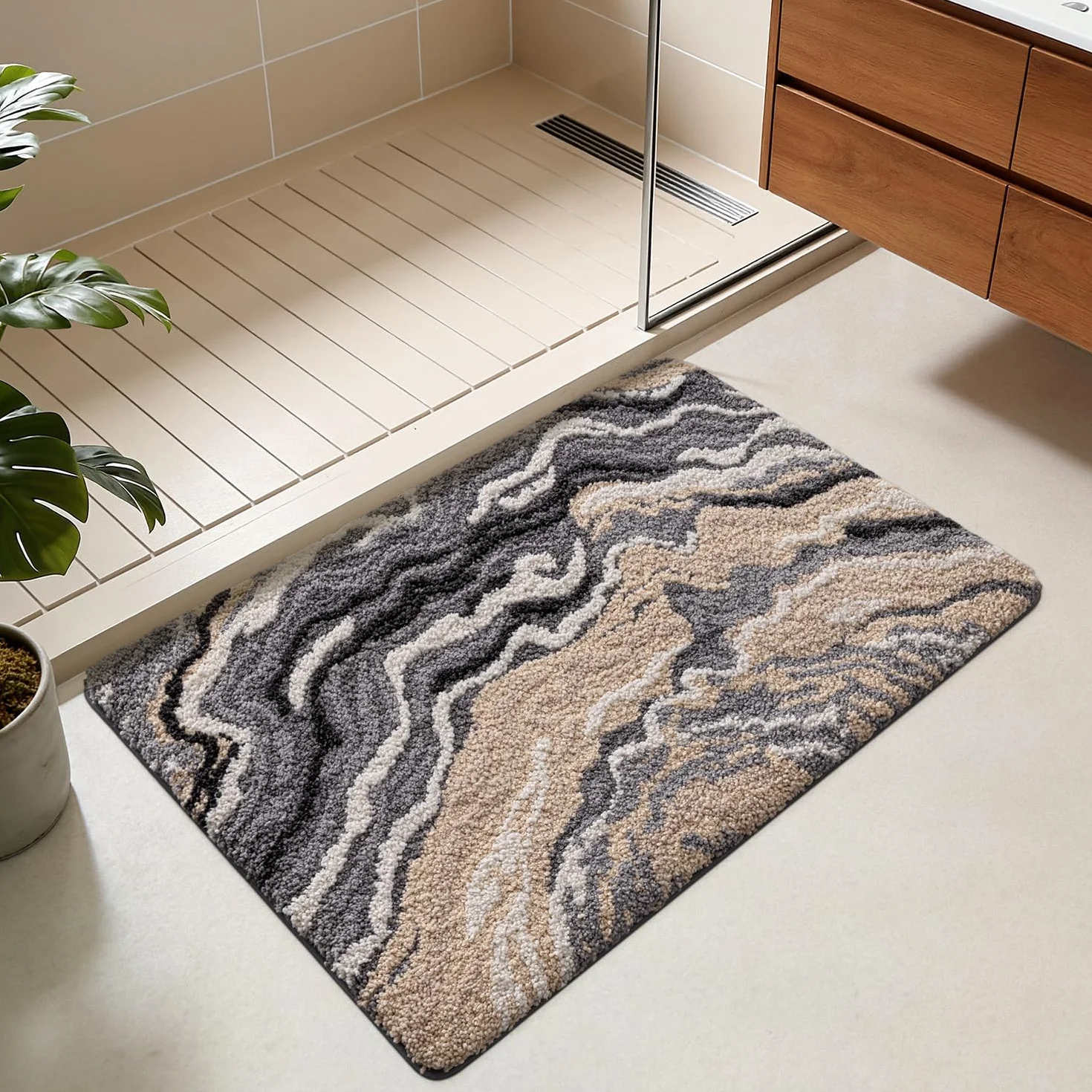 DEXI Tapis Salle de Bain Antidérapant 60 x 90 cm, Lavable en Machine, Gris et Beige
