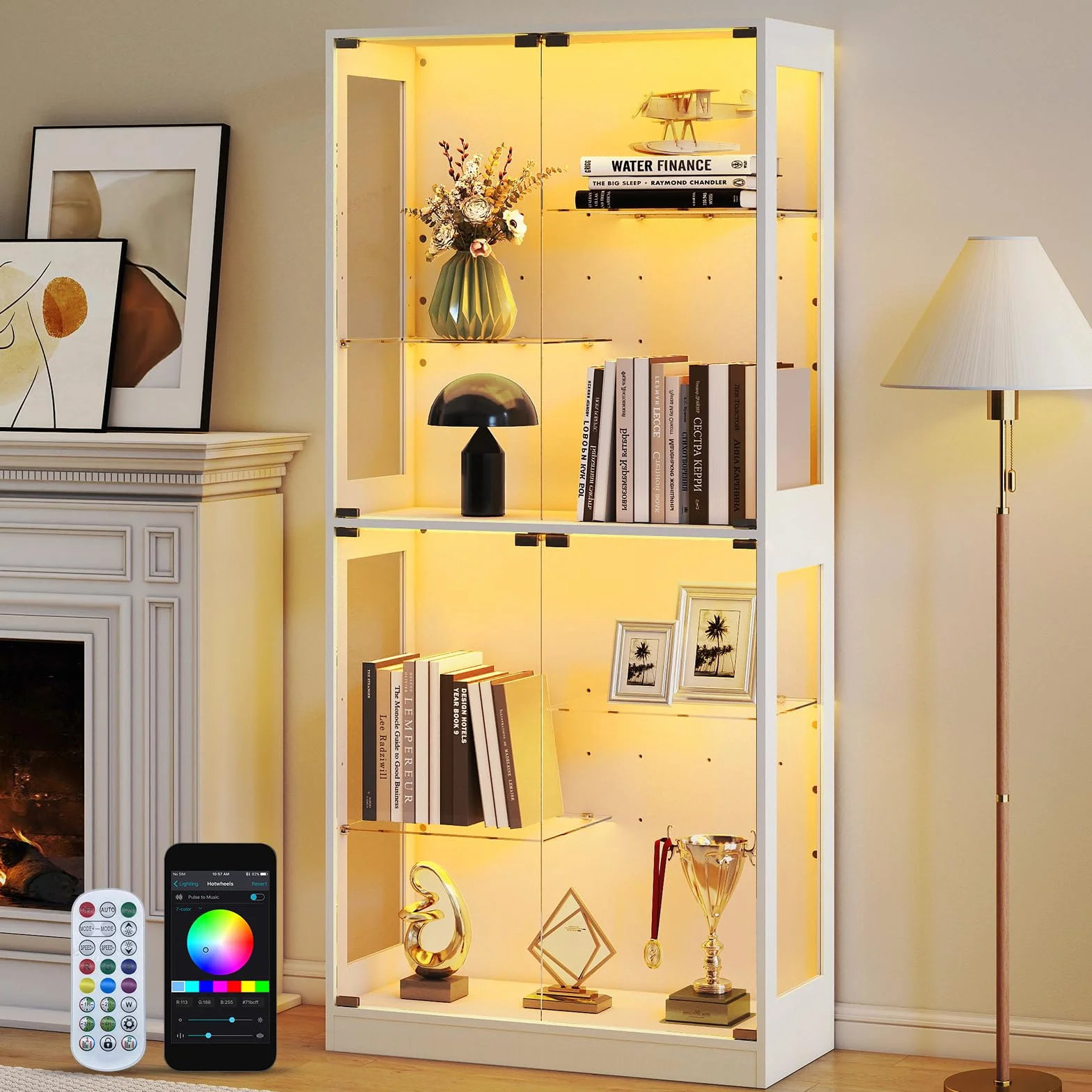 Lamtor Vitrine en Verre Debout, 175 cm, avec éclairage LED RVB, réglable en Hauteur, avec Verre trempé de sécurité et Fermeture magnétique, pour Les Collections dans Le Salon, Blanche