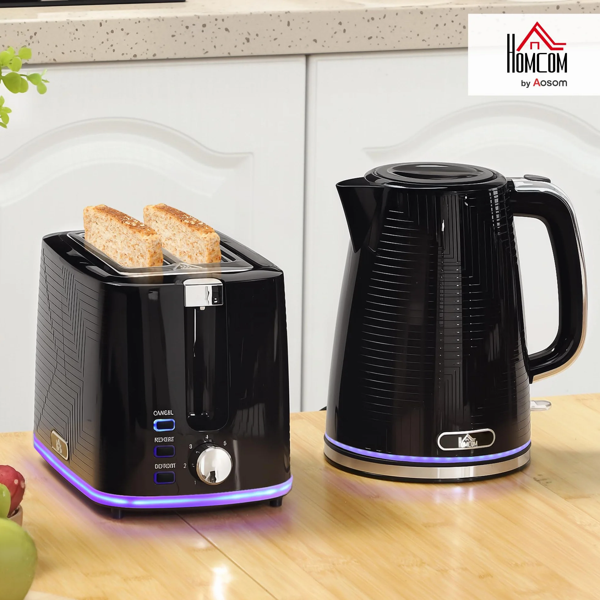 HOMCOM Bouilloire Toaster Set Acier inoxydable 1,7L Bouilloire 2 disques Toaster 2200W Set petit-déjeuner avec thermostat Otter, 7 niveaux de brunissage, décongélation, réchauffage, compartiment à