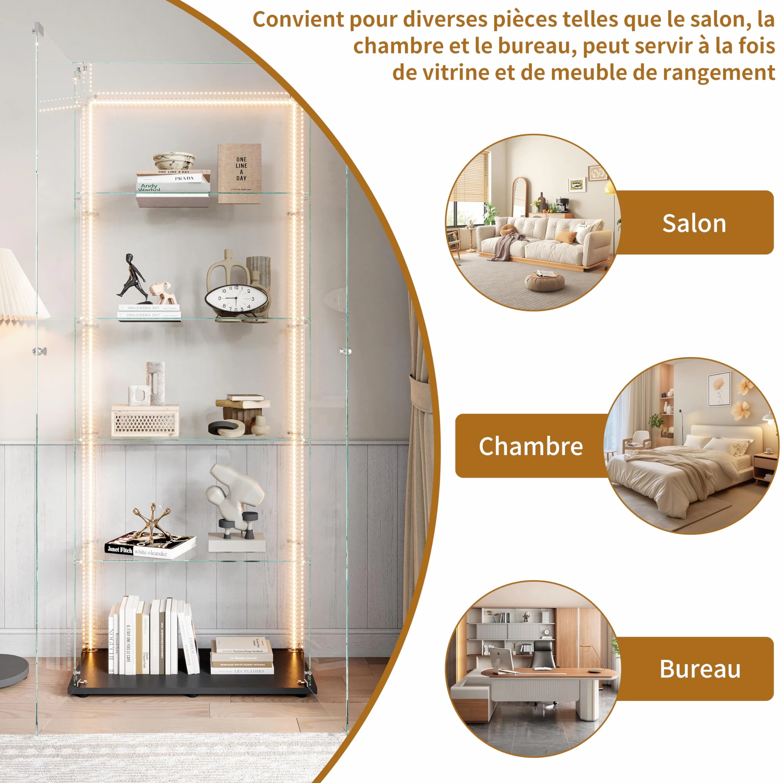 Vitrine,vitrine en Verre de 187x79x35cm,5 Couches avec LED 2 Porte et Serrure,Armoire de Collection Moderne en Verres,Armoire de Rangement en verre Debout pour Salon,Chambre à Coucher, Bureau