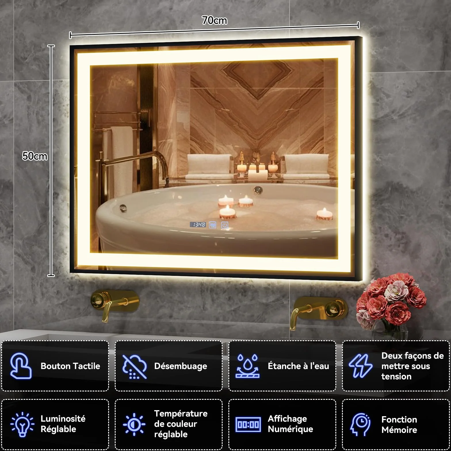 YU YUSING Miroir de Salle de Bain LED 70x50cm, Miroir Lumineux Cosmétique Mural avec 3 Couleurs de Lumière Réglables, Cadre Métallique, Affichage L'heure, Anti-buée, IP44 Étanchéité, Horizontal