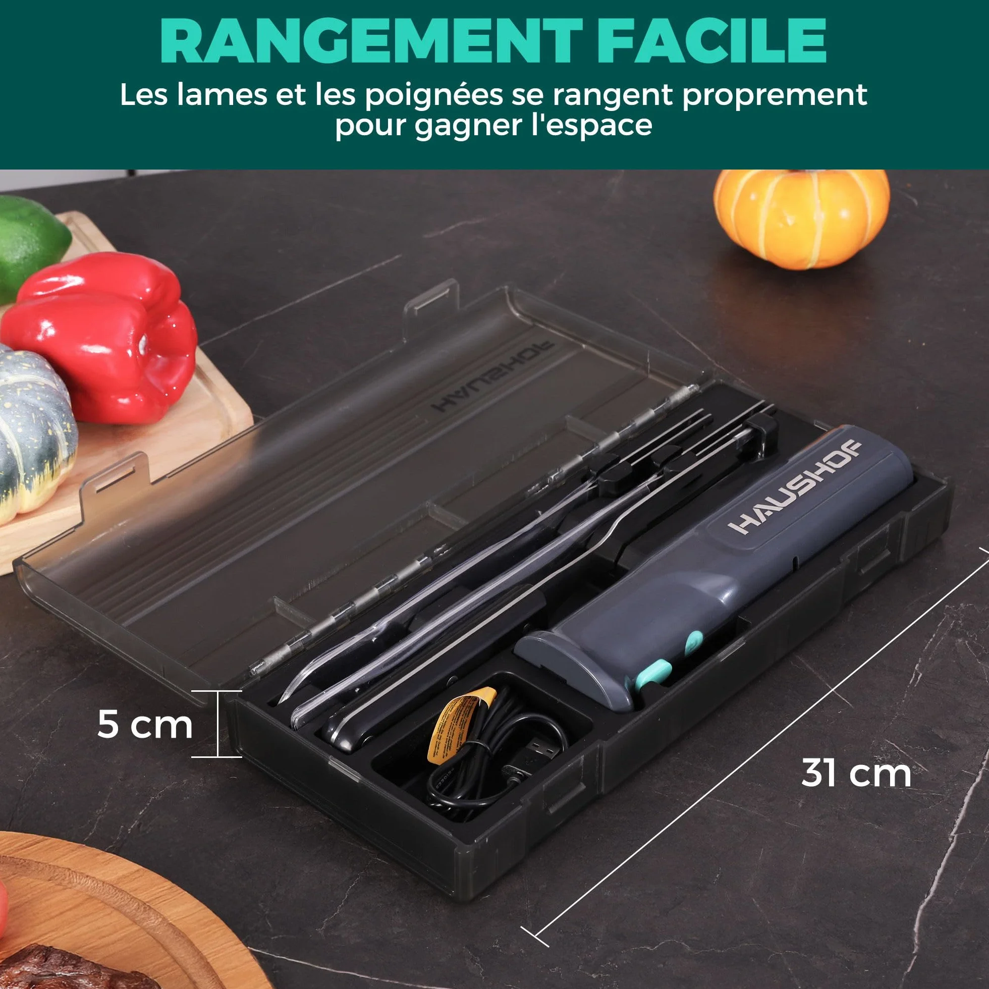 HAUSHOF Couteau à Pain Électrique sans Fil 8V, Lame de 178/203mm et Fourchette, Chargement de Type C, Indicateur d'Alimentation, Lavable au Lave-vaisselle, Couteau de Cuisine pour Viande, Pain, Gris