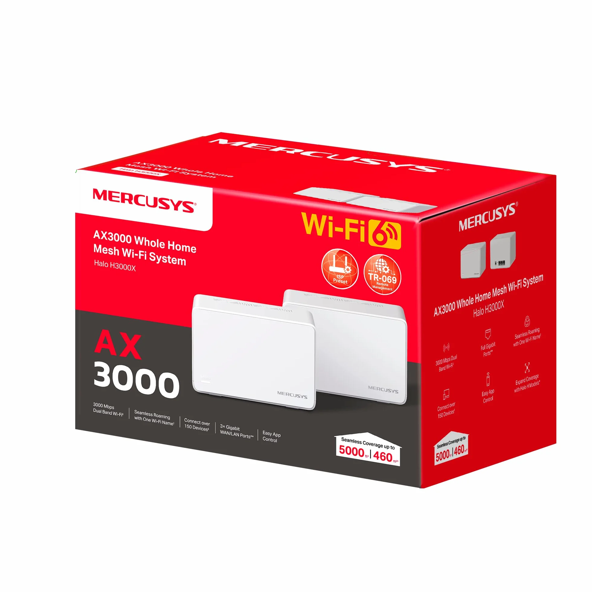 Mercusys Halo H3000X(2-Pack) - Router System WiFi 6 Mesh, AX3000, Dual-Band, Zasięg do 420 m², 3X Gigabit Port na jednostkę, zarządzanie siecią, Łatwa konfiguracja z aplikacją, WPA3