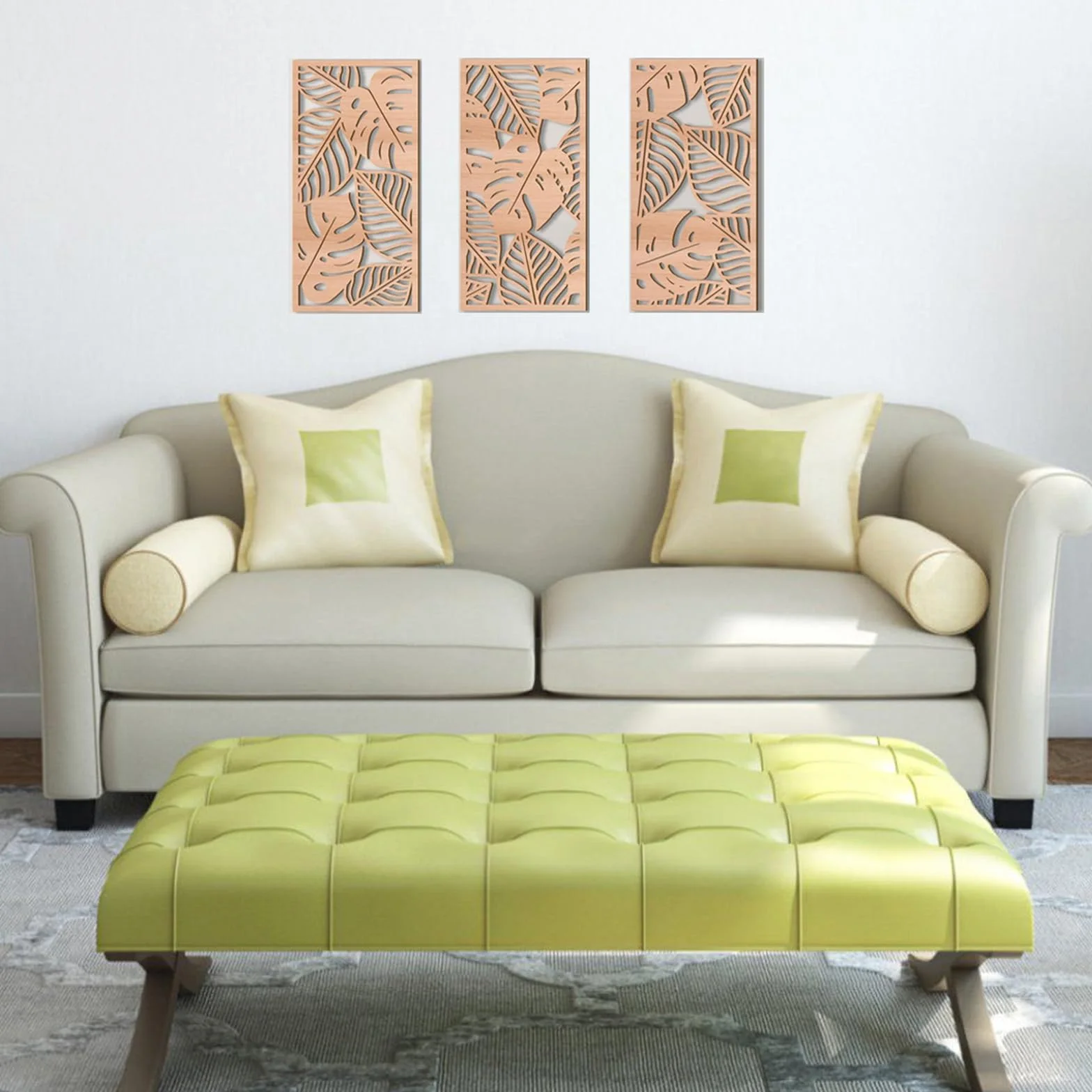 3 Pièces Sculpture Murale en Bois Naturel Monstera - Décor Mural Tropical Style Boho Chic
