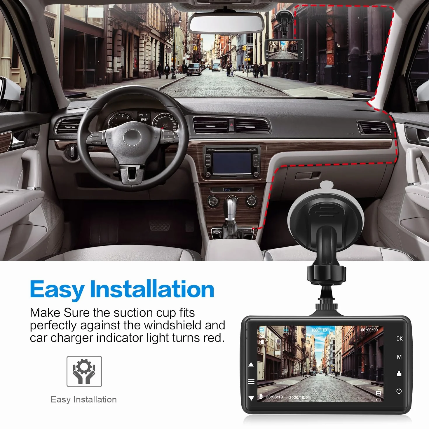 Kamera przednia z 32G SD Card, BOOGIIO 1080P FHD Car Driving Recorder 3'' IPS Screen 170°Wide Angle Dashboard Camera Aluminium, obudowa ze stopu aluminium, WDR G-Sensor Parking Monitor pętli