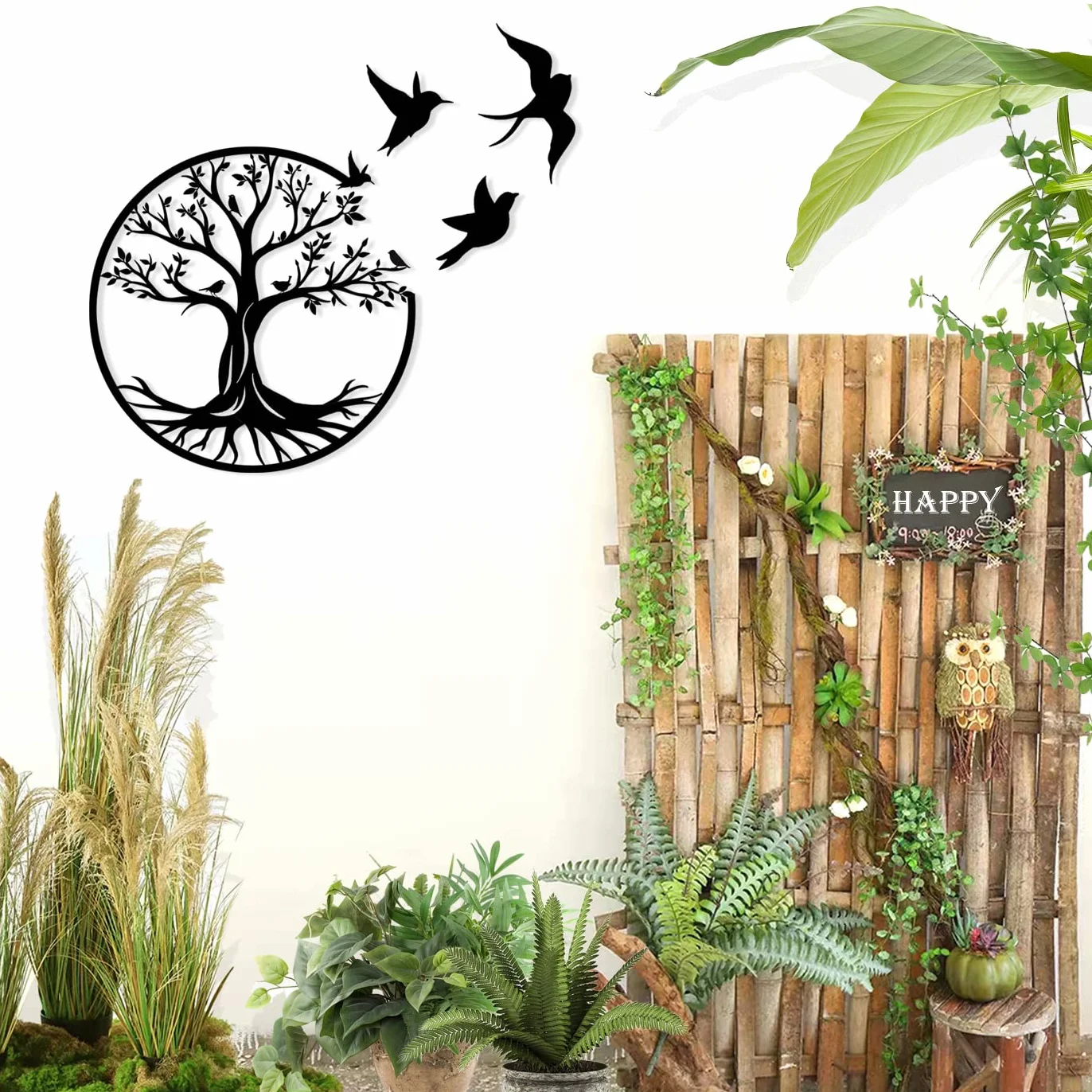 Pduoduo 30cm Arbre de vie en métal Décoration Murale avec Petit oiseau pour Jardin Maison (11.8 pouces)